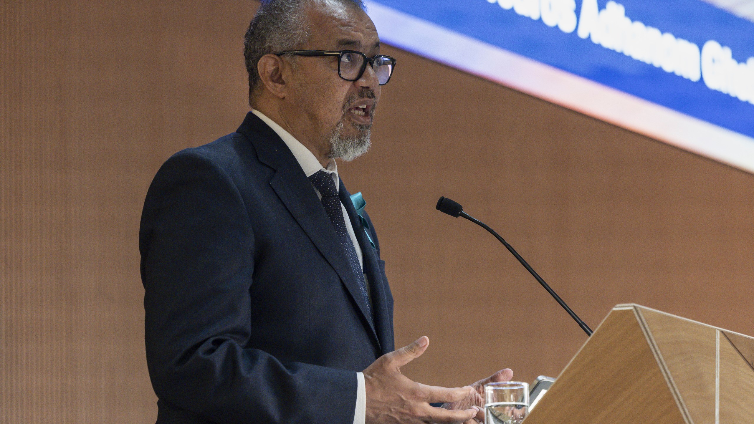 Director General of the World Health Organization (WHO) Tedros Adhanom Ghebreyesus delivers his statement, during the opening of the 78th World Health Assembly at the European headquarters of the United Nations in Geneva, Switzerland, Monday, May 19, 2025. (Magali Girardin/Keystone via AP)