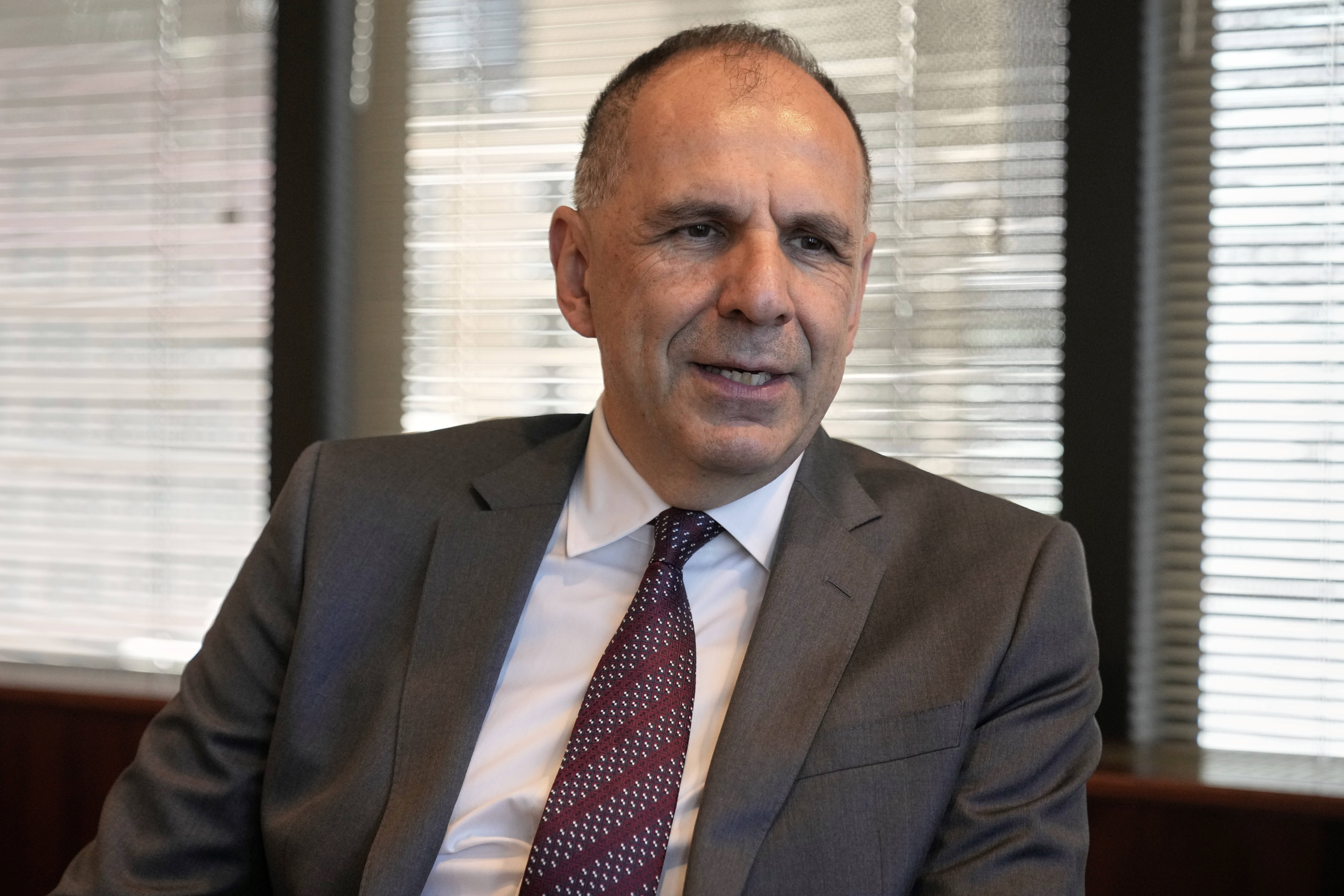 Greece Foreign Minister Giorgos Gerapetritis responds to questions during an interview at the Permanent Mission of Greece to the United Nations, in New York, Monday, May 19, 2025. (AP Photo/Richard Drew)