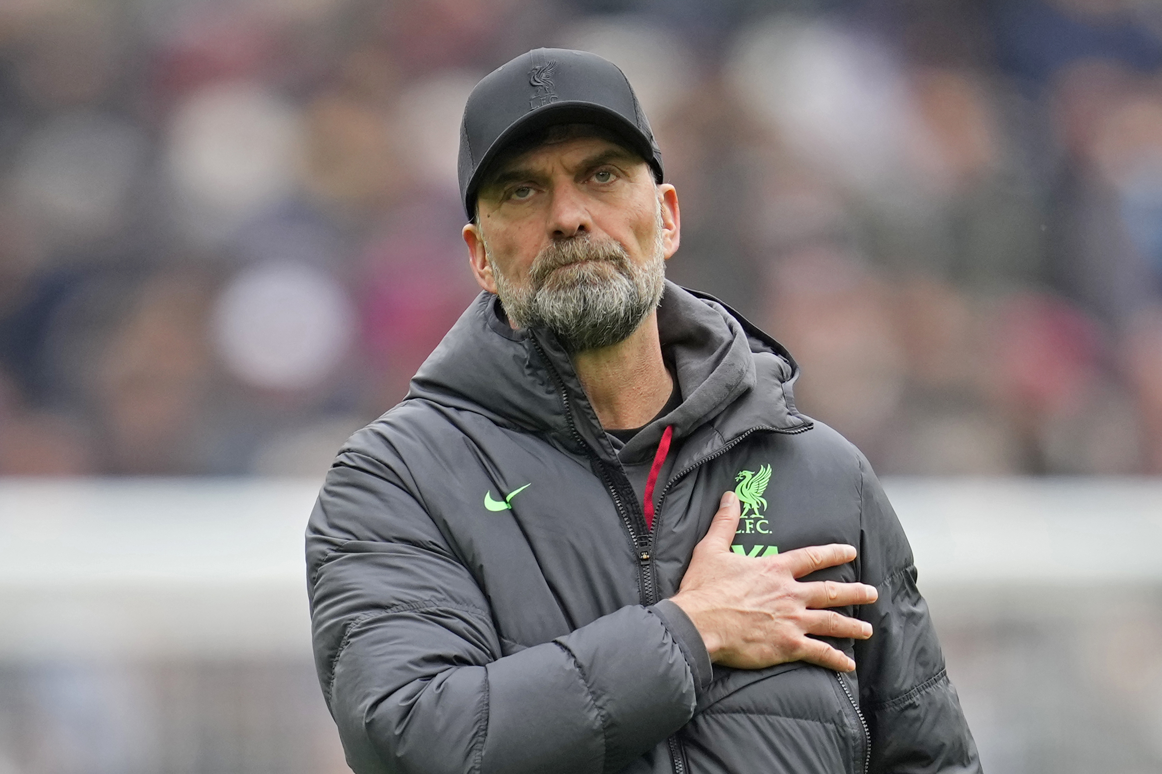 FILE - Liverpool's manager Jurgen Klopp gestures to fans at the end of the English Premier League soccer match between West Ham United and Liverpool at London stadium in London, Saturday, April 27, 2024. The match ended in a 2-2 draw. (AP Photo/Kin Cheung, File)