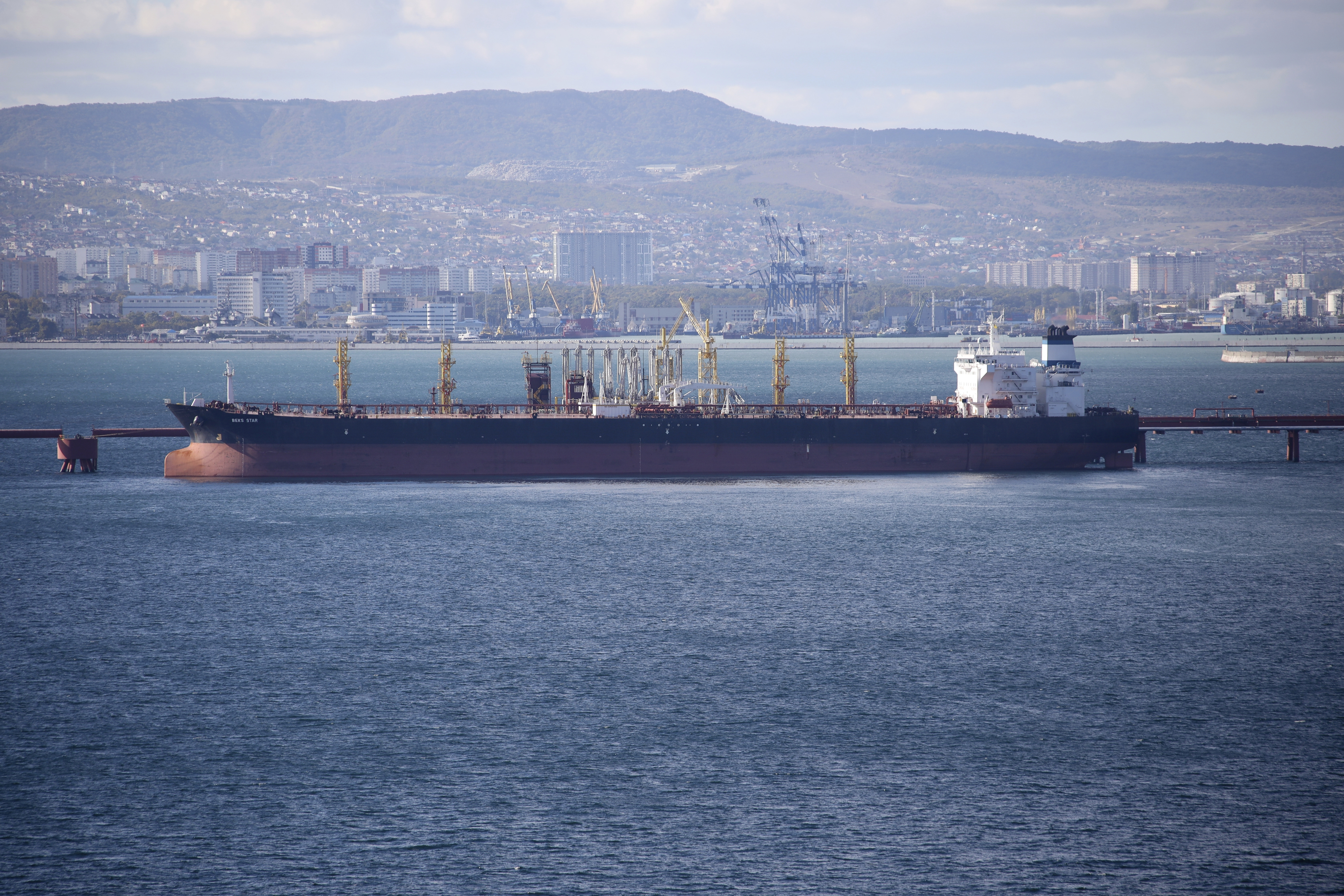 FILE - An oil tanker is moored at the Sheskharis complex, part of Chernomortransneft JSC, a subsidiary of Transneft PJSC, in Novorossiysk, Russia, on Oct. 11, 2022. (AP Photo, File)