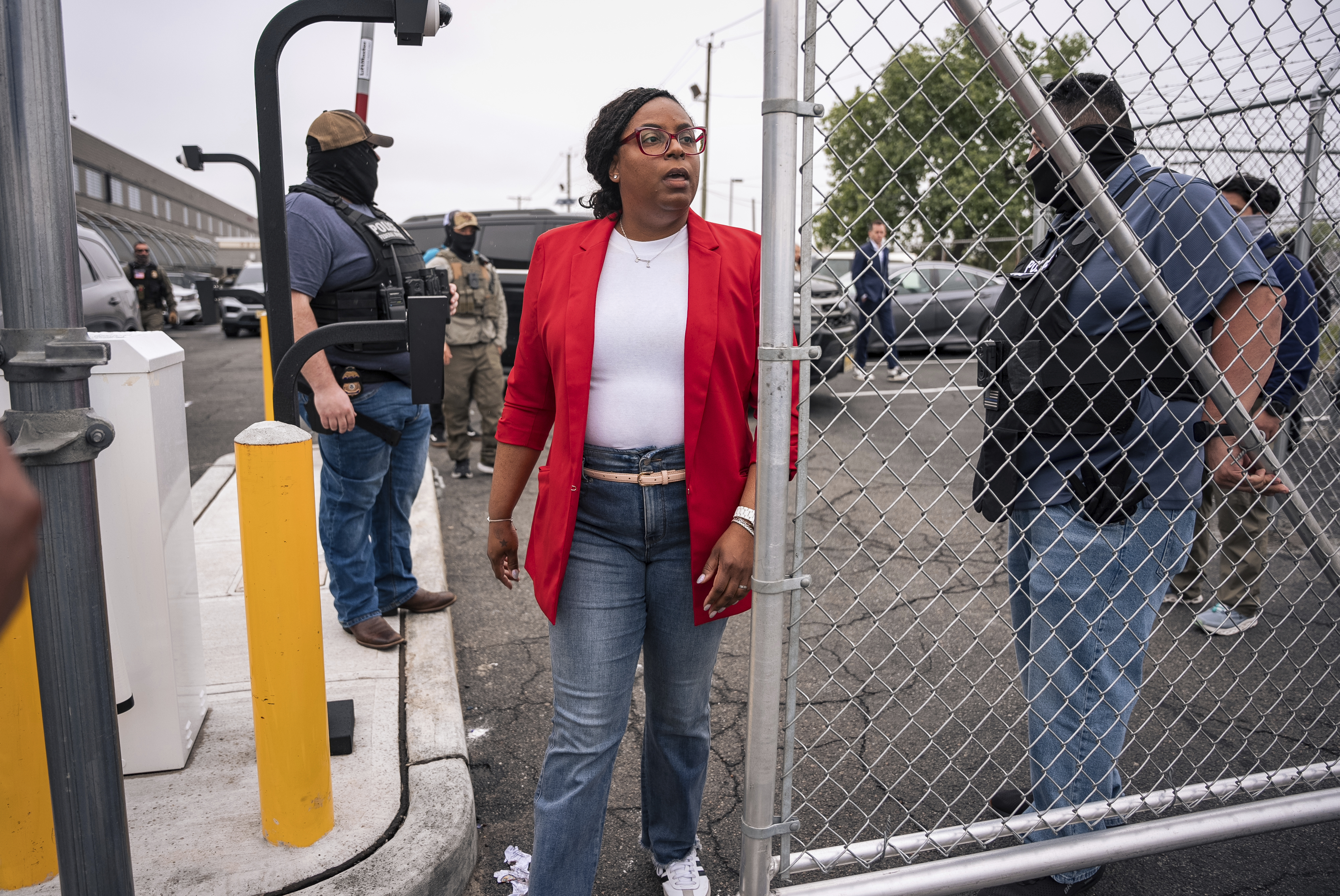 Congresswoman Rep. LaMonica McIver, D-N.J., exits the grounds at Delancey Hall ICE detention prison, Friday, May 9, 2025, in Newark, N.J, (AP Photo/Angelina Katsanis)