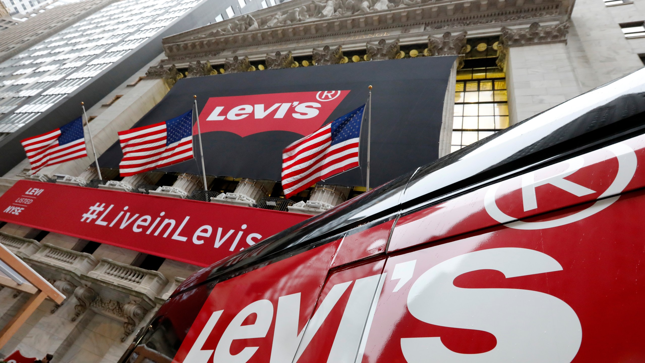 FILE - A Levi's banner adorns the facade of the New York Stock Exchange, Thursday, March 21, 2019. (AP Photo/Richard Drew, File)