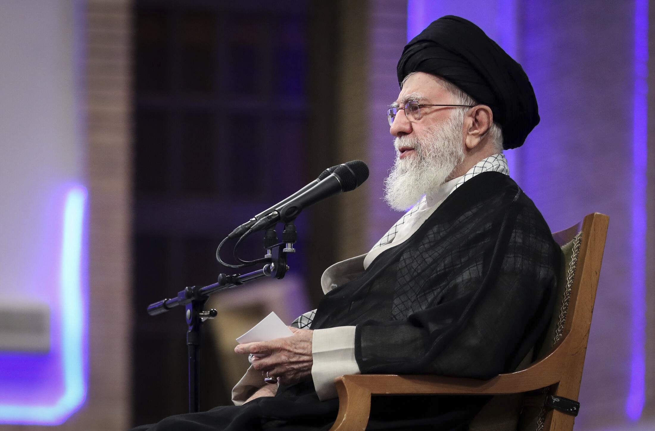 In this photo released by the official website of the office of the Iranian supreme leader, Supreme Leader Ayatollah Ali Khamenei speaks during a memorial in Tehran, Iran, Tuesday, May 20, 2025 for late President Ebrahim Raisi, who died in a helicopter crash last year. (Office of the Iranian Supreme Leader via AP)
