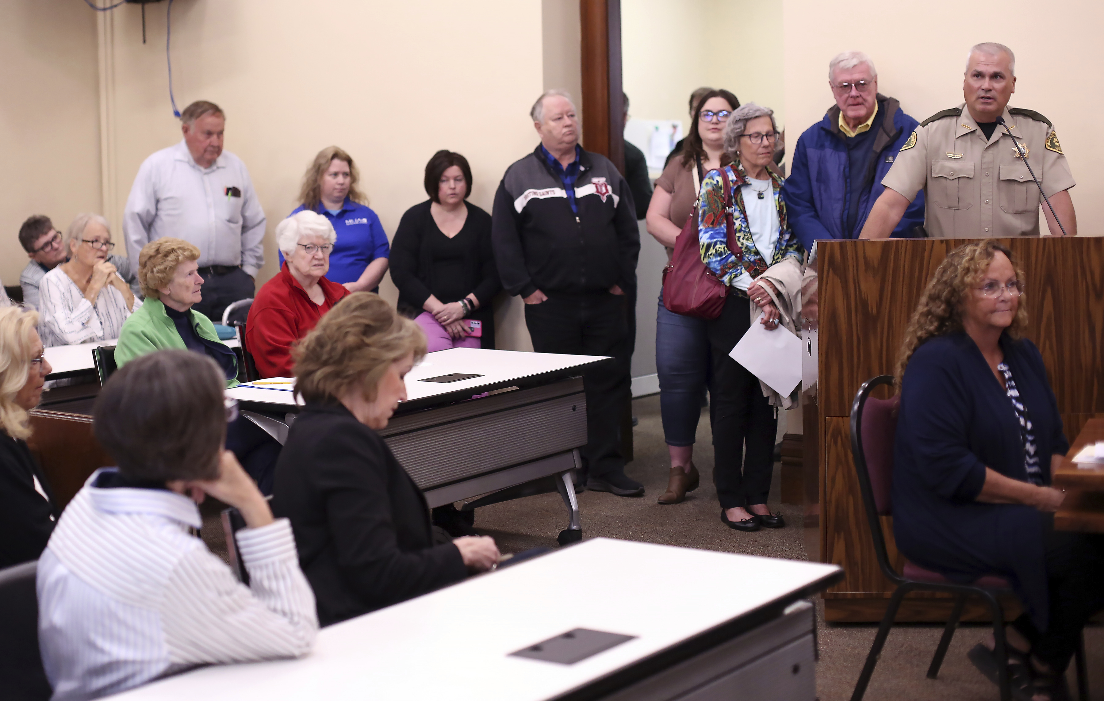 Dubuque County Sheriff Joe Kennedy addresses his decision to not sign an agreement with U.S. Immigration & Customs Enforcement that grants local law enforcement authority to perform certain immigration functions, Monday, May 19, 2025, in Dubuque, Iowa. (Benjamin Fisher/Telegraph Herald via AP)