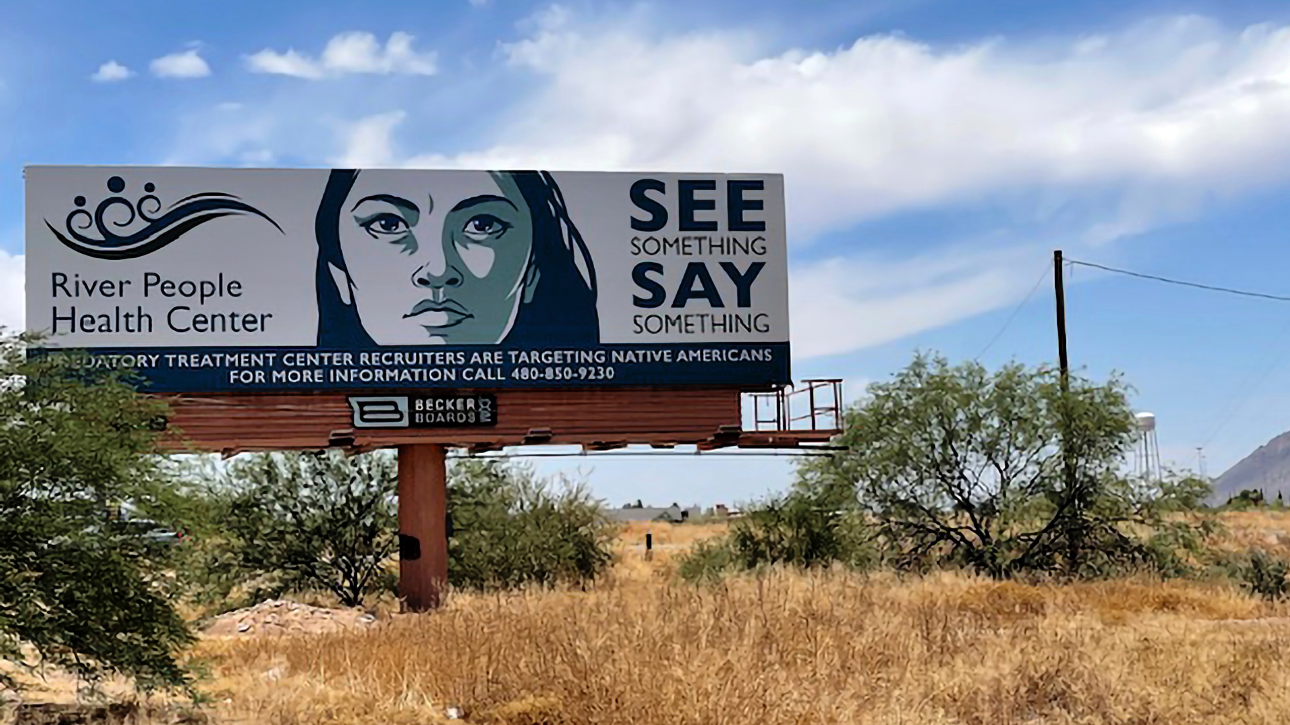 FILE - A billboard is seen in Scottsdale, Ariz., Saturday, June 10, 2023, near the health care facility of the Salt River Pima-Maricopa Indian Community, which has been affected by a gigantic Medicaid fraud scheme involving sober living homes that promised help to Native Americans seeking to kick alcohol and other additions. (AP Photo/Anita Snow, File)