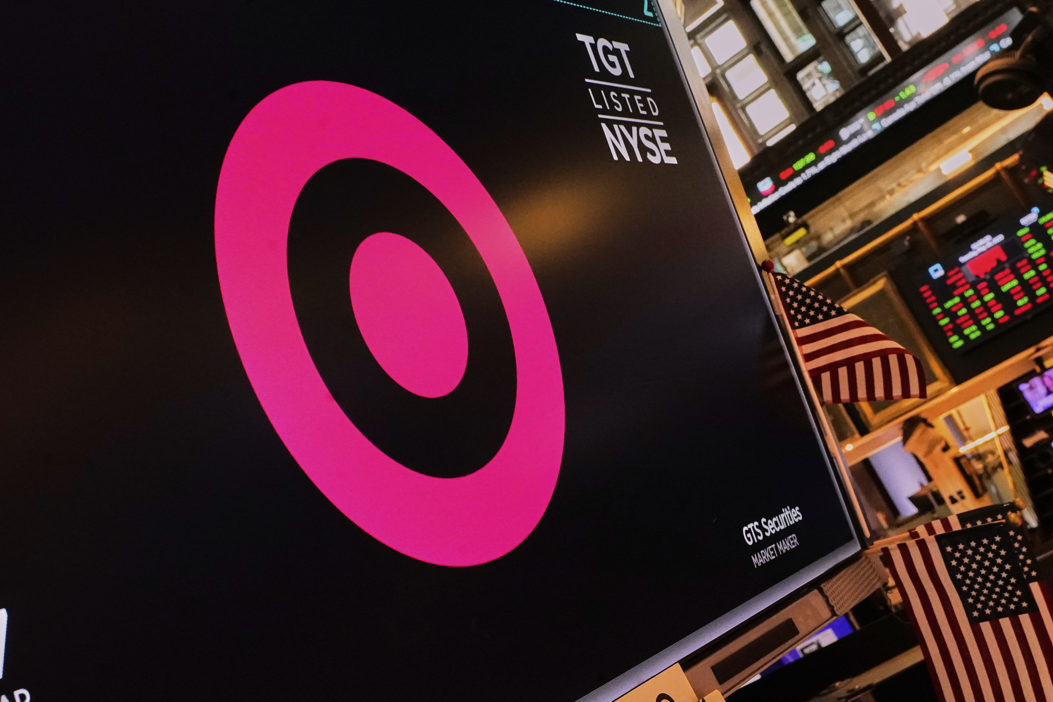 The logo for Target is displayed above a trading post on the floor of the New York Stock Exchange, Tuesday, May 20, 2025. (AP Photo/Richard Drew)