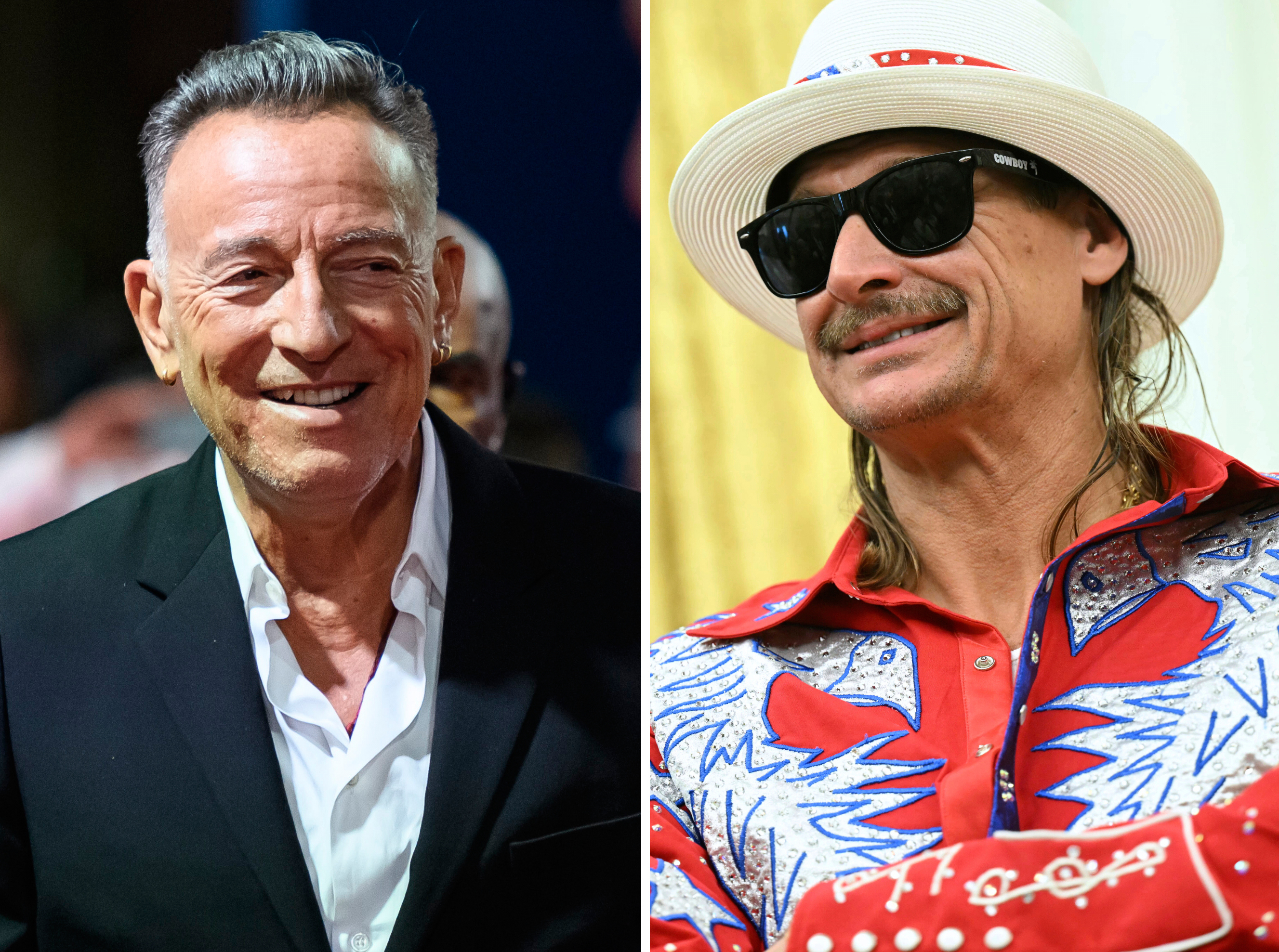 In this photo combo Bruce Springsteen, left, appears at the 2024 Toronto International Film Festival in Toronto, Sept. 8, 2024 and Kid Rock during a visit to the Oval Office of the White House in Washington, March 31, 2025. (Christopher Katsarov/The Canadian Press/Pool via AP)