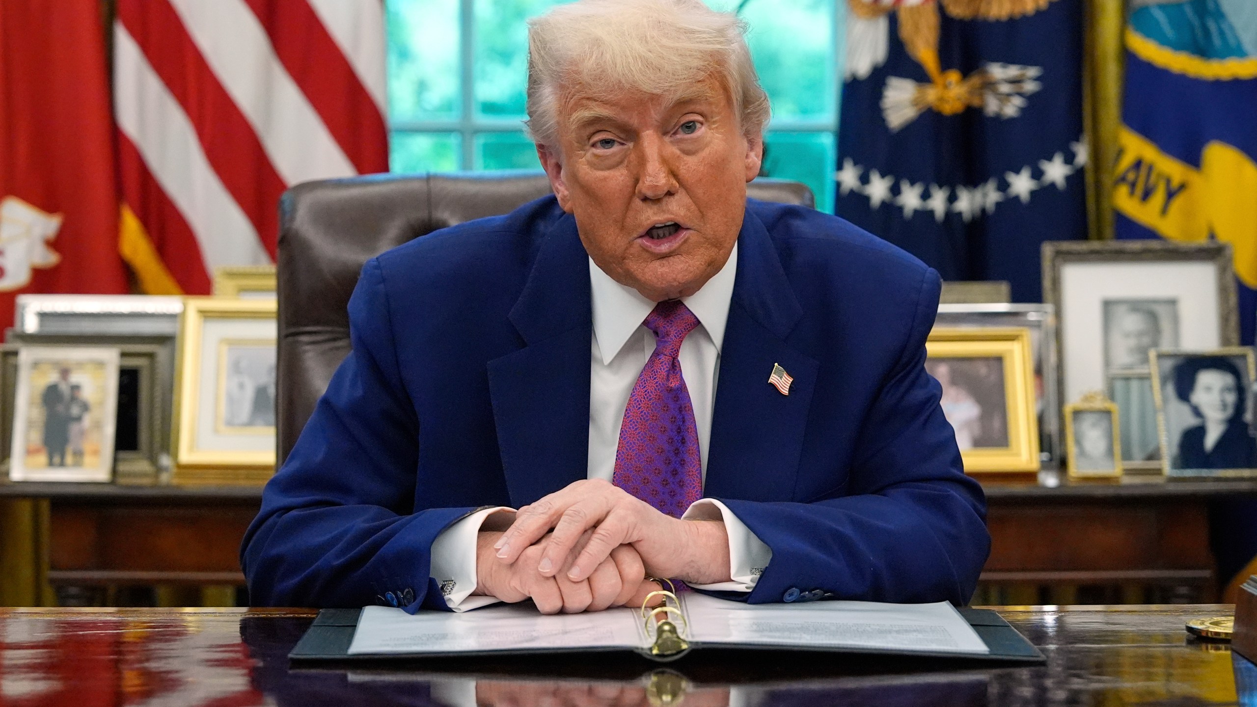 President Donald Trump speaks in the Oval Office of the White House, Tuesday, May 20, 2025, in Washington. (AP Photo/Alex Brandon)