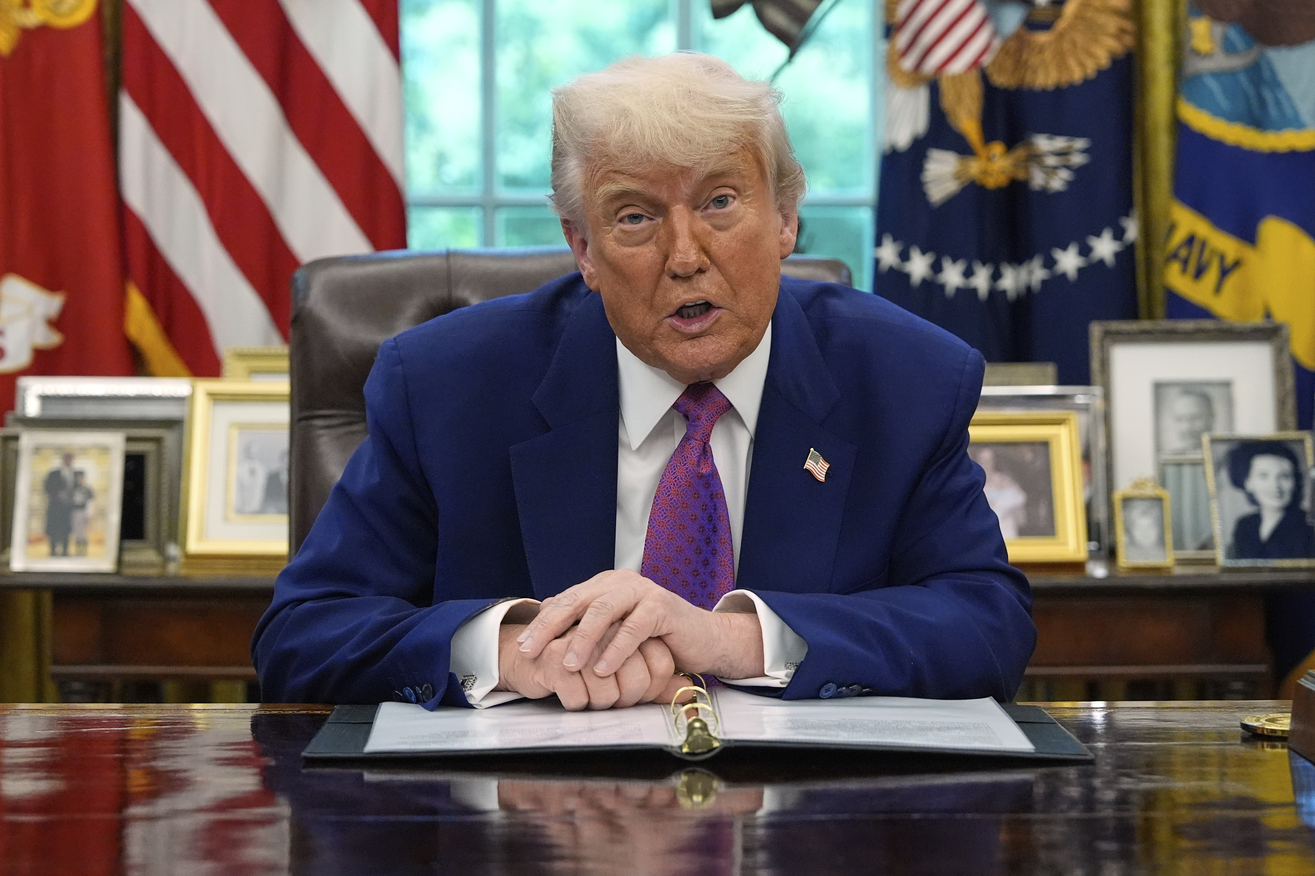 President Donald Trump speaks in the Oval Office of the White House, Tuesday, May 20, 2025, in Washington. (AP Photo/Alex Brandon)