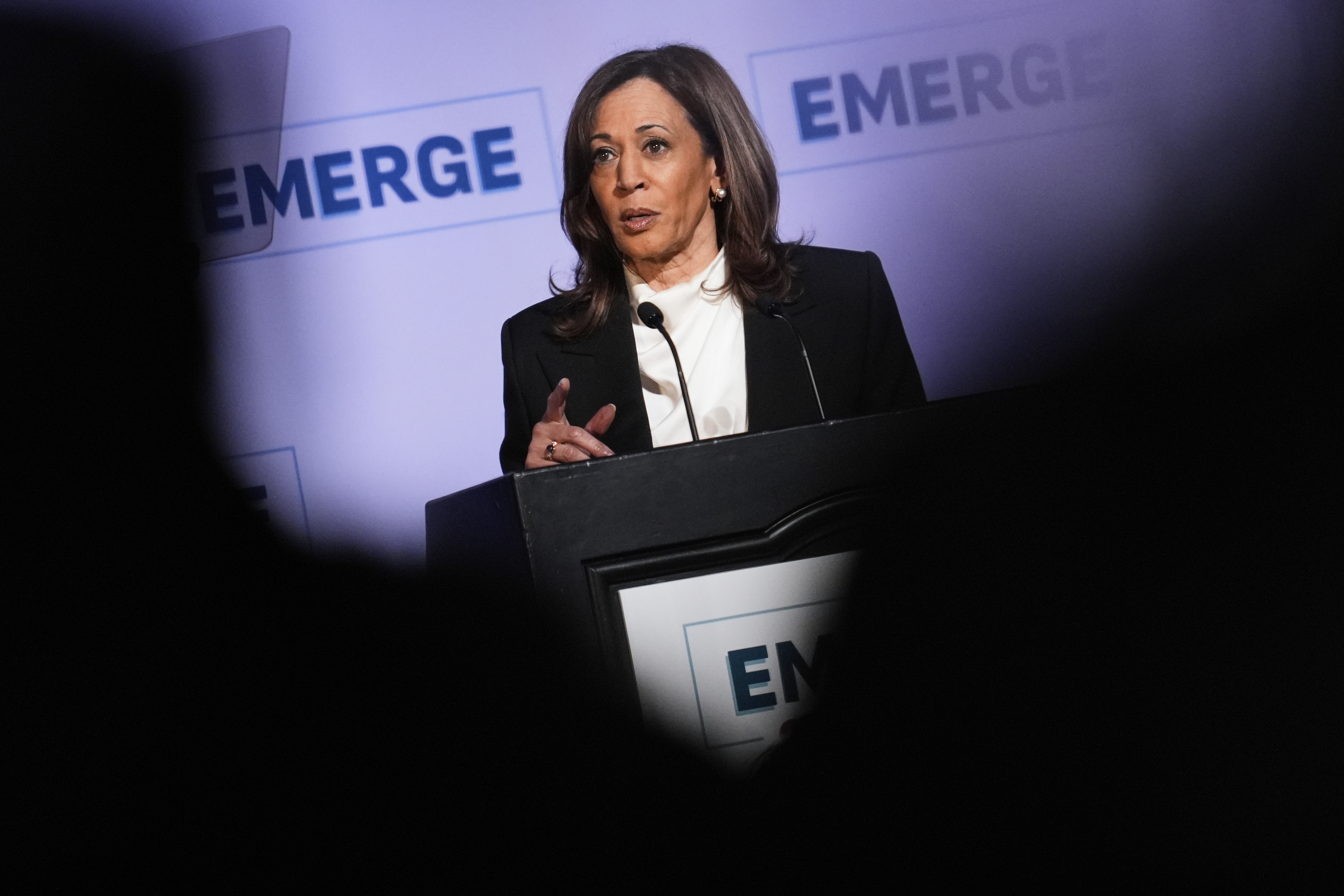 Former Vice President Kamala Harris delivers the keynote speech at the Emerge 20th Anniversary Gala in San Francisco, Wednesday, April 30, 2025. (AP Photo/Godofredo A. Vásquez)