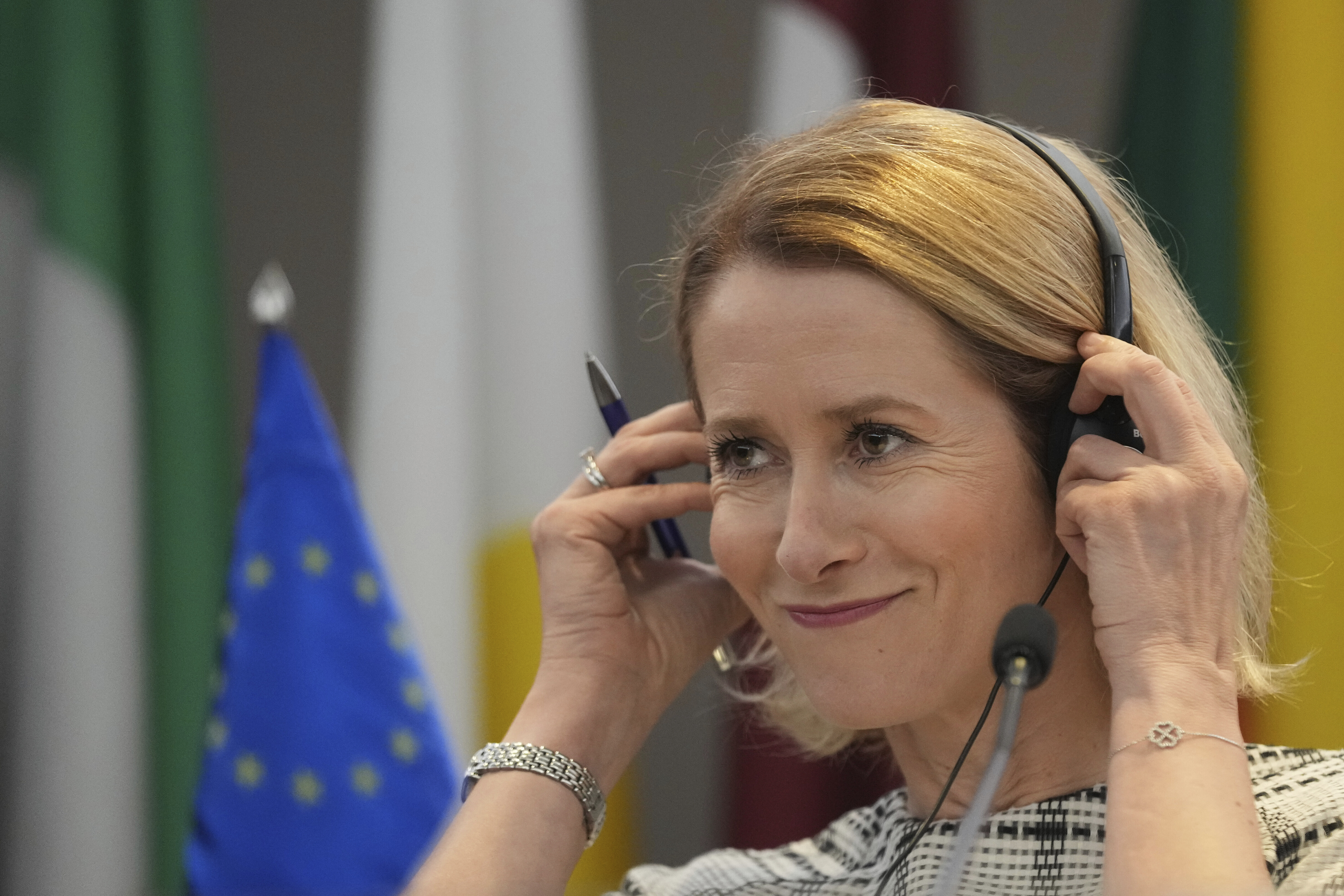 European Union foreign policy chief Kaja Kallas listens to a question during a press conference after talks with Serbia's top officials in Belgrade, Serbia, Thursday, May 22, 2025. (AP Photo/Darko Vojinovic)