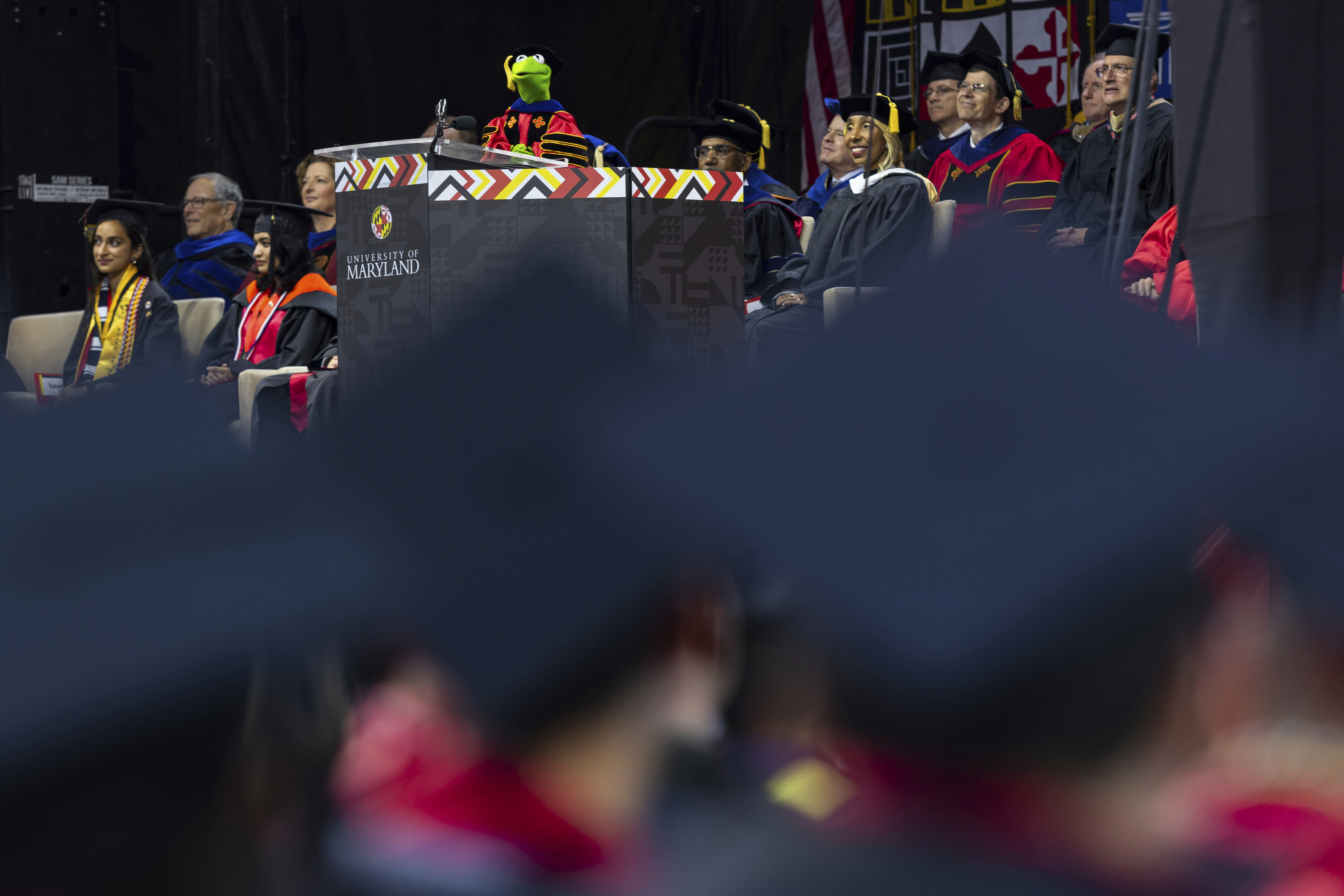 Kermit the Frog speaks during University of Maryland's commencement ceremony on Thursday, May 22, 2025, in College Park, Md. (Dylan Singleton/University of Maryland via AP)