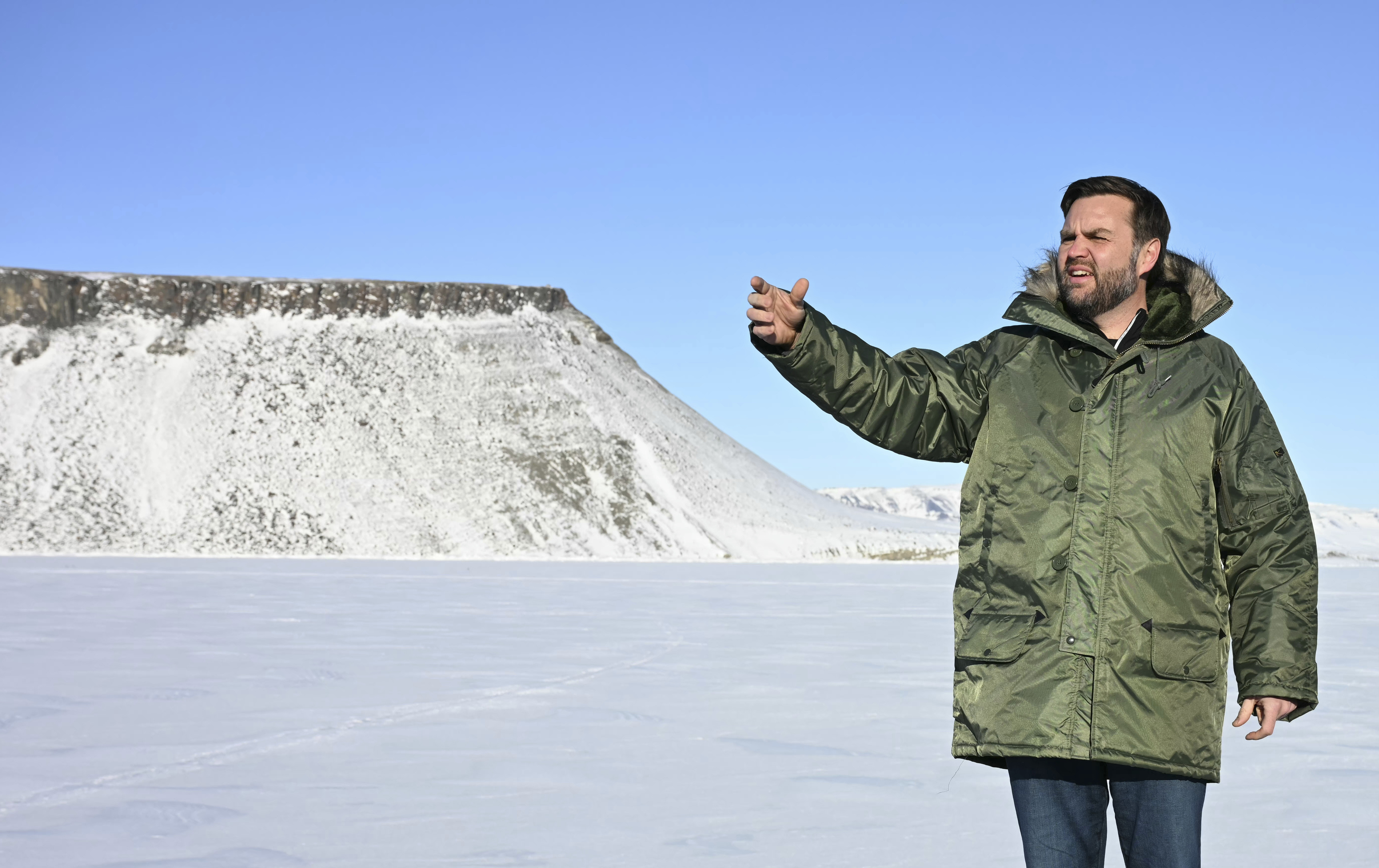 FILE - Vice President JD Vance gestures as he tours Pituffik Space Base, March 28, 2025, in Greenland. (Jim Watson/Pool via AP, File)