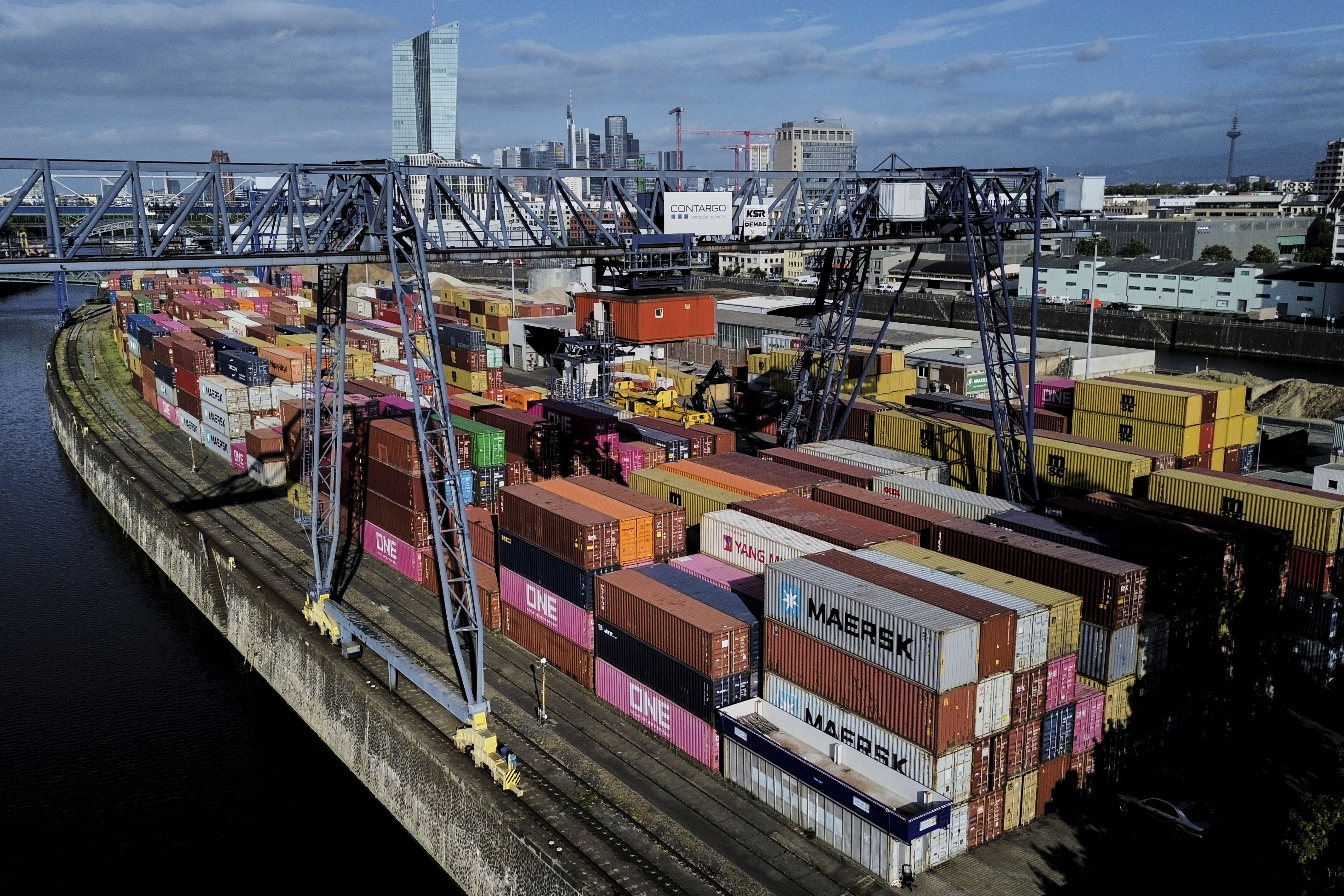 Containers are pictured at a cargo terminal in Frankfurt, Germany, Thursday, May 22, 2025. (AP Photo/Michael Probst)