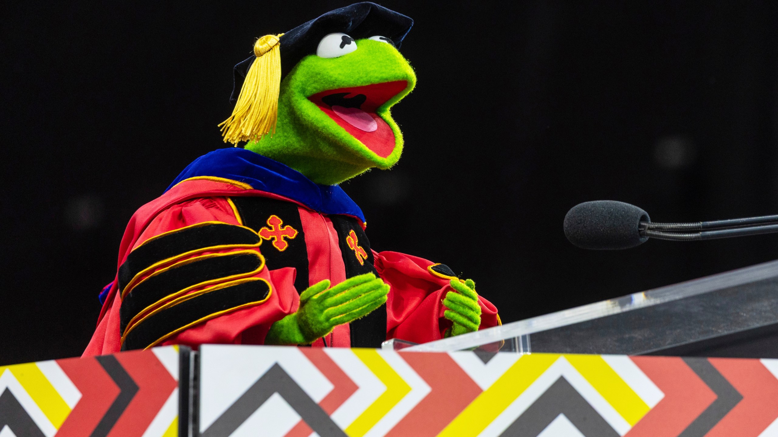 Kermit the Frog speaks during University of Maryland's commencement ceremony on Thursday, May 22, 2025, in College Park, Md. (Riley Sims/University of Maryland via AP)