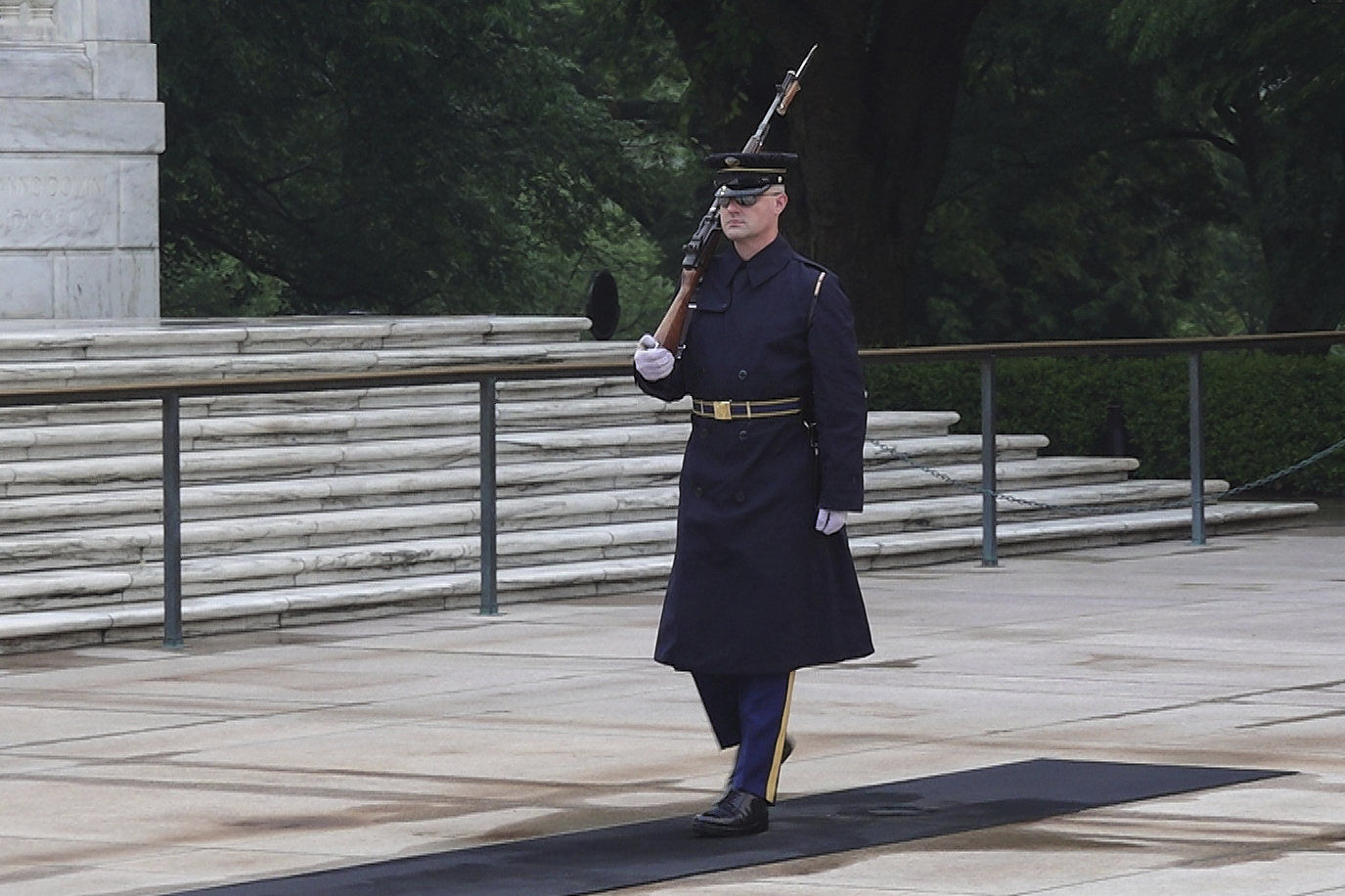 Army Sgt. 1st Class Andrew Jay patrols the Tomb of the Unknown Soldier, Thursday, May 15, 2025, at Arlington National Cemetery in Arlington, Va. (AP Photo/Mike Pesoli)