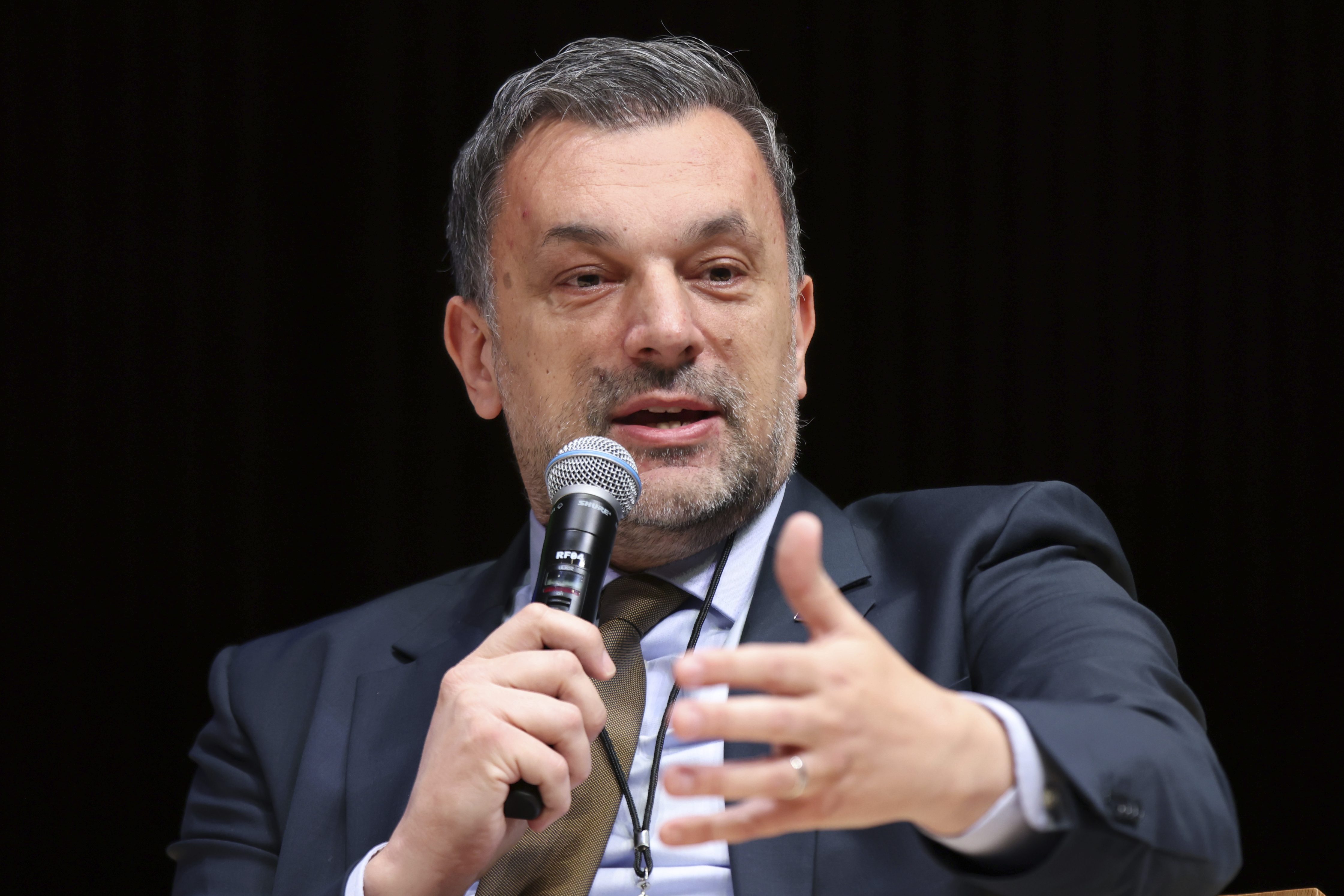 Minister of Foreign Affairs of Bosnia and Herzegovina Elmedin Konakovic speaks during a panel discussion at the NATO Parliamentary Assembly in Dayton, Ohio, Friday, May 23, 2025. (AP Photo/Paul Vernon)