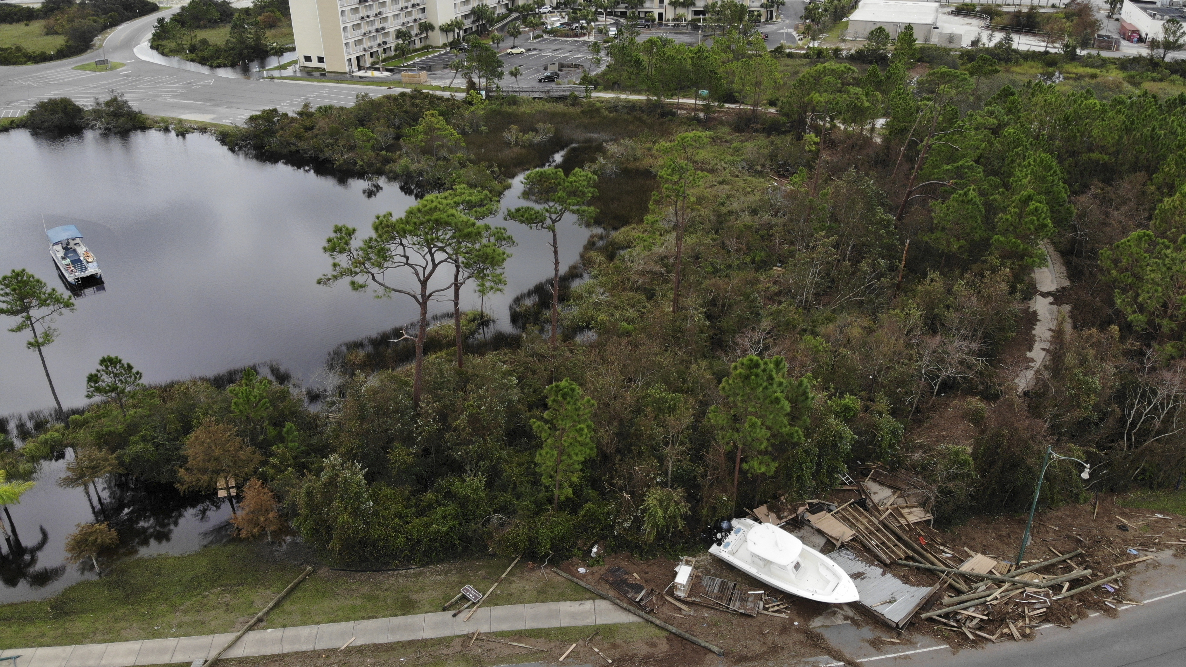FILE - Storm aftermath is seen, Thursday, Sept. 17, 2020, in Orange Beach, Ala. (AP Photo/Angie Wang, file)