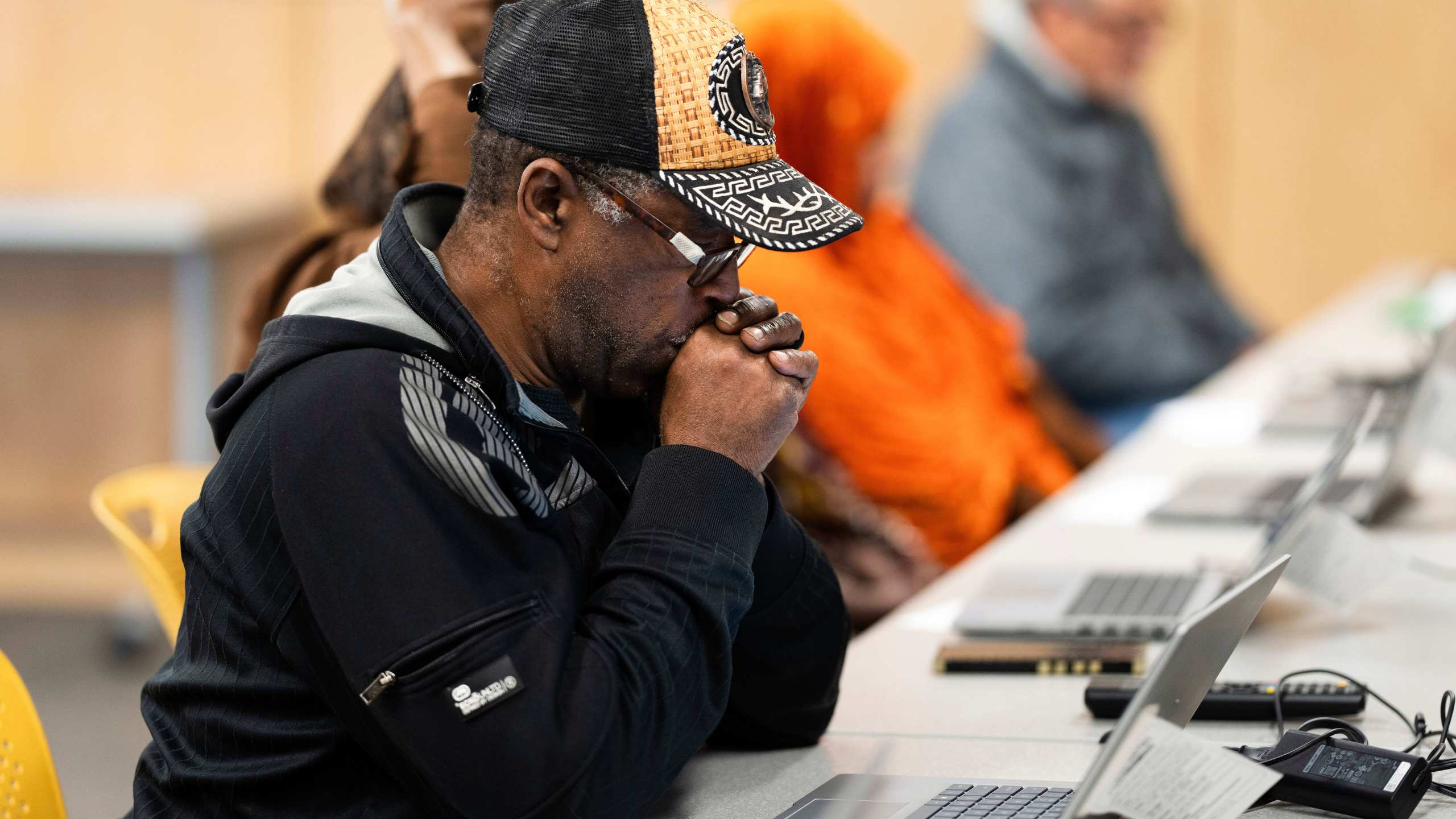 Brandon Dorn looks at his computer during a keyboard basics class offered by Free Geek on Thursday, May 15, 2025, in Portland, Ore. (AP Photo/Jenny Kane)