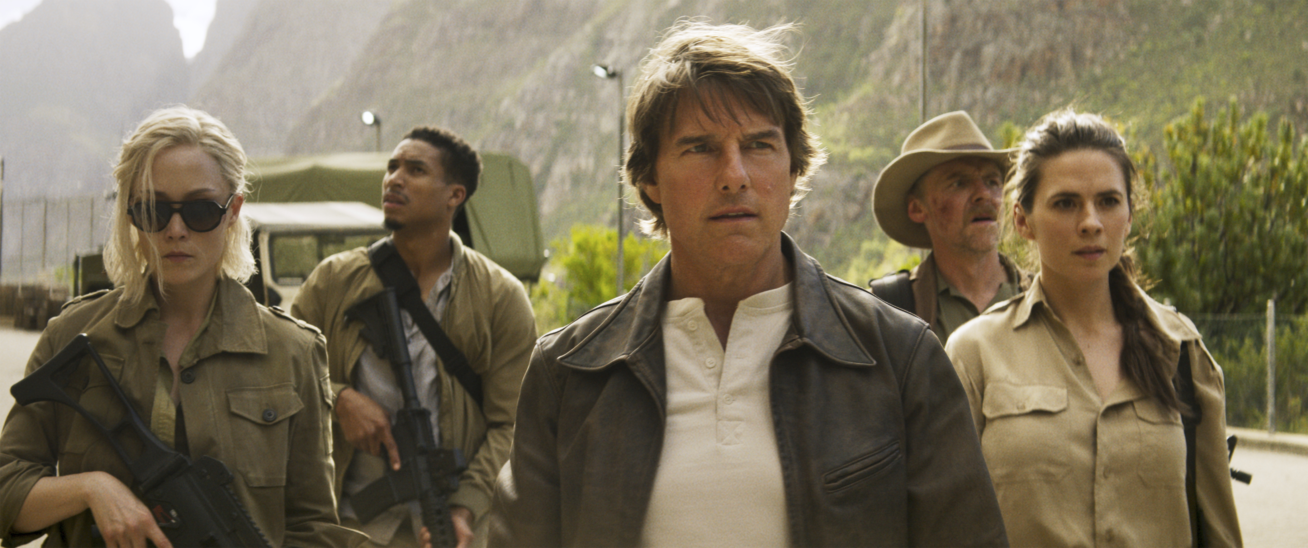 This image shows Pom Klementieff, from left, Greg Tarzan Davis, Tom Cruise, Simon Pegg, and Hayley Atwell in a still from the film "Mission: Impossible - The Final Reckoning." (Paramount Pictures via AP)