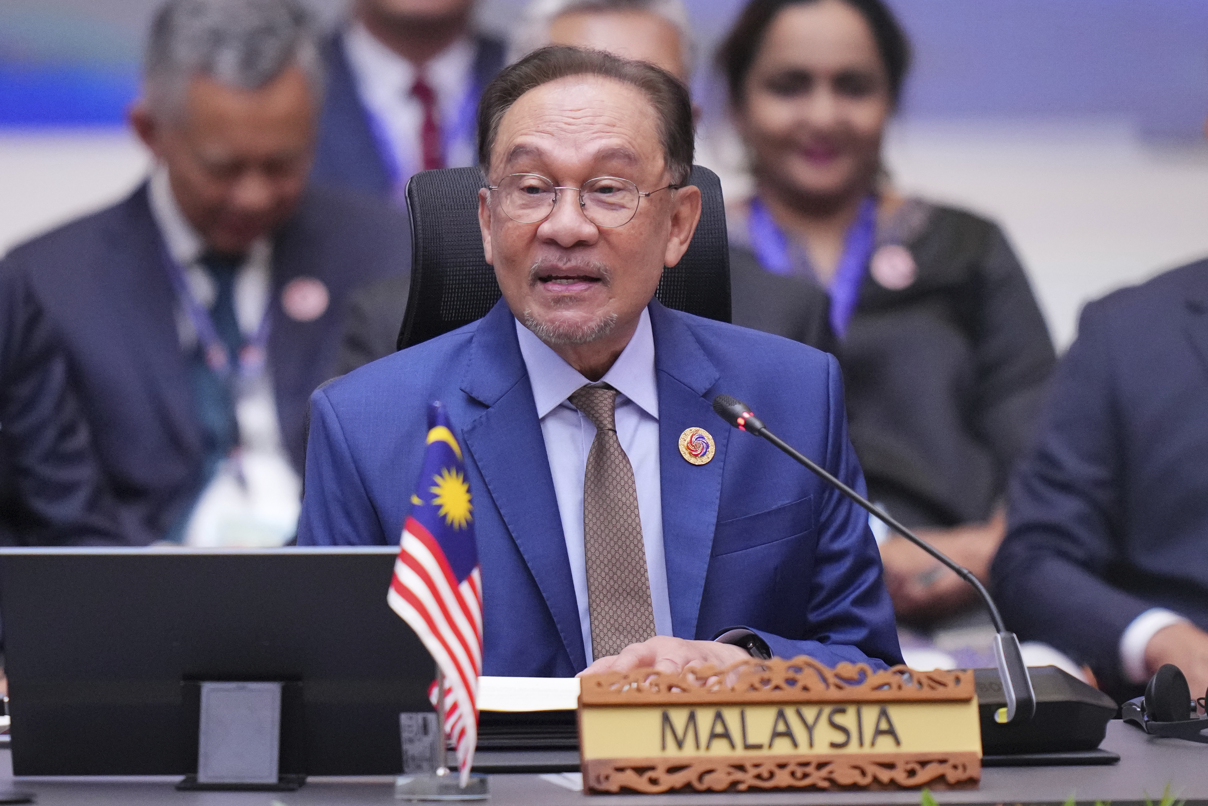 Malaysia's Prime Minister Anwar Ibrahim attends the plenary session at the Association of Southeast Asian Nations (ASEAN) Summit in Kuala Lumpur, Malaysia, Monday, May 26, 2025. (AP Photo/Vincent Thian)