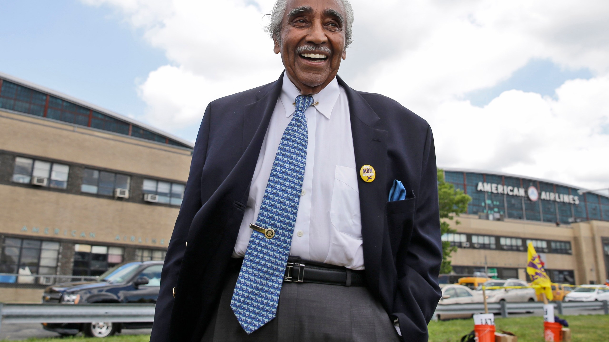 FILE - Congressman Charles Rangel leaves a rally for airport workers at LaGuardia Airport in the Queens borough of New York, June 26, 2014. (AP Photo/Seth Wenig, File)