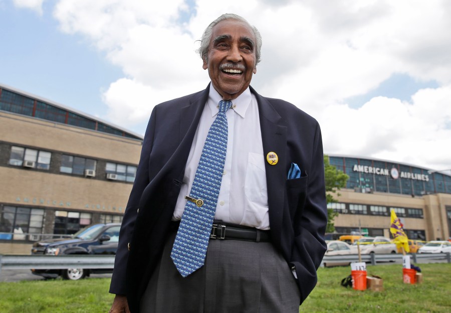 FILE - Congressman Charles Rangel leaves a rally for airport workers at LaGuardia Airport in the Queens borough of New York, June 26, 2014. (AP Photo/Seth Wenig, File)