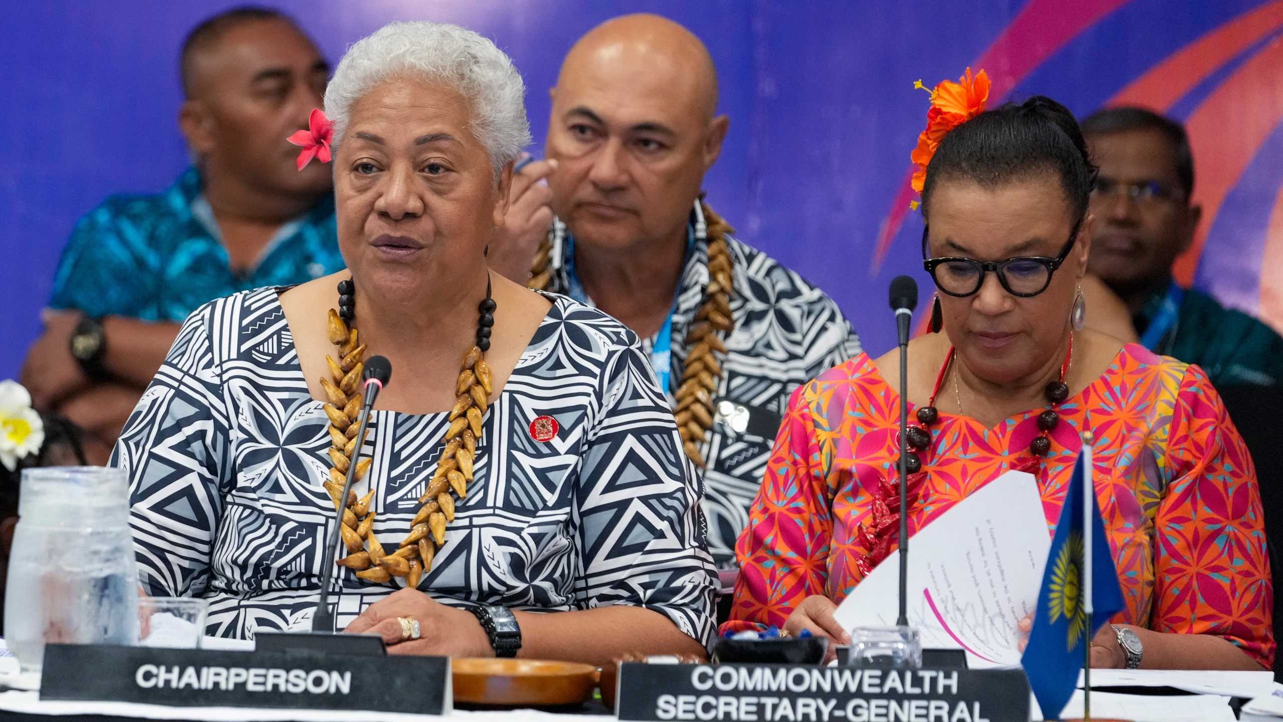 FILE - Samoan Prime Minister Afioga Fiamē Naomi Mataʻafa, left, and CHOGM Secretary General Patricia Scotland attend the Foreign Ministers meeting at the Commonwealth Heads of Government meeting in Apia, Samoa, Oct. 24, 2024. (AP Photo/Rick Rycroft, Pool, File)