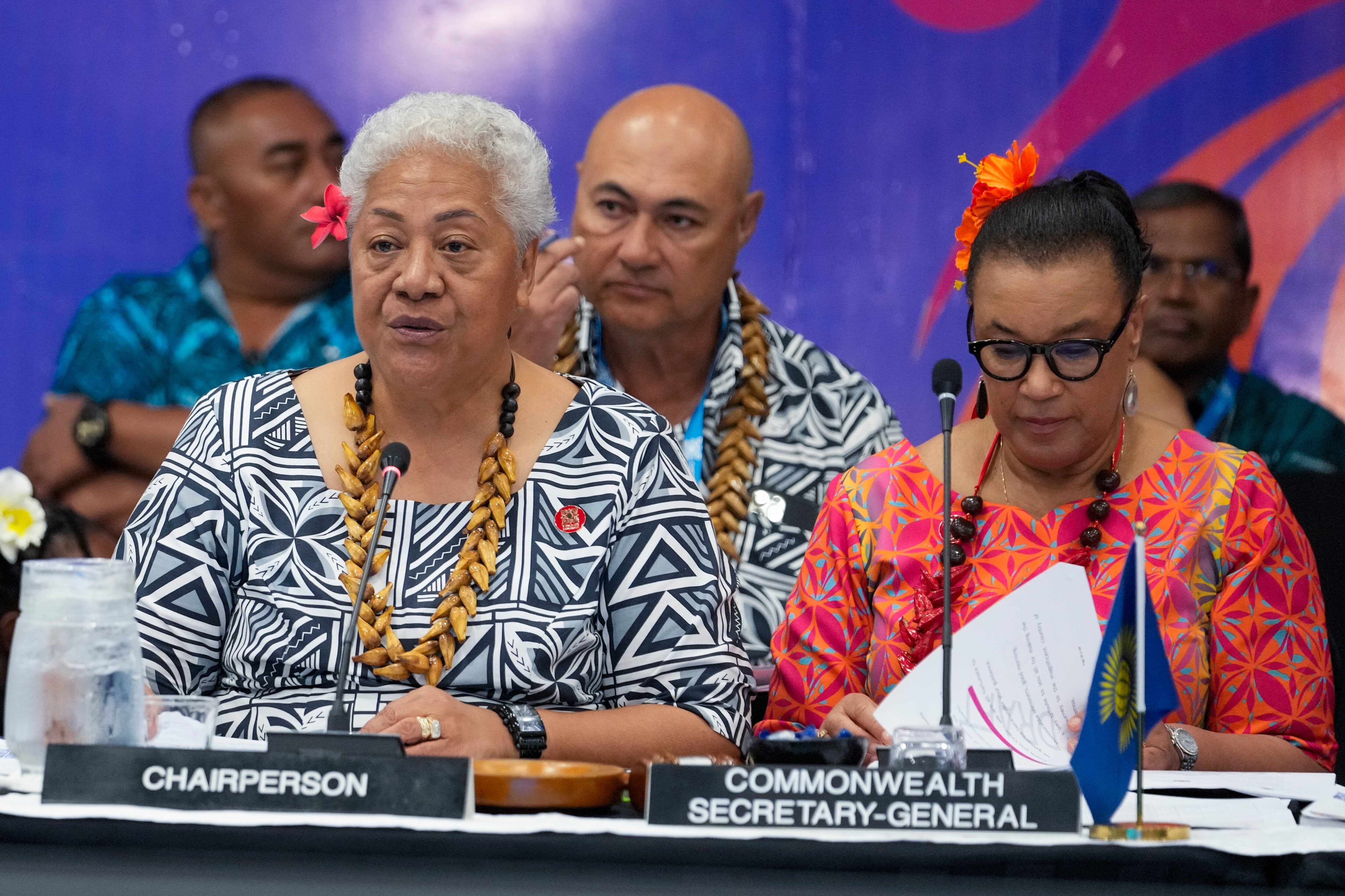 FILE - Samoan Prime Minister Afioga Fiamē Naomi Mataʻafa, left, and CHOGM Secretary General Patricia Scotland attend the Foreign Ministers meeting at the Commonwealth Heads of Government meeting in Apia, Samoa, Oct. 24, 2024. (AP Photo/Rick Rycroft, Pool, File)
