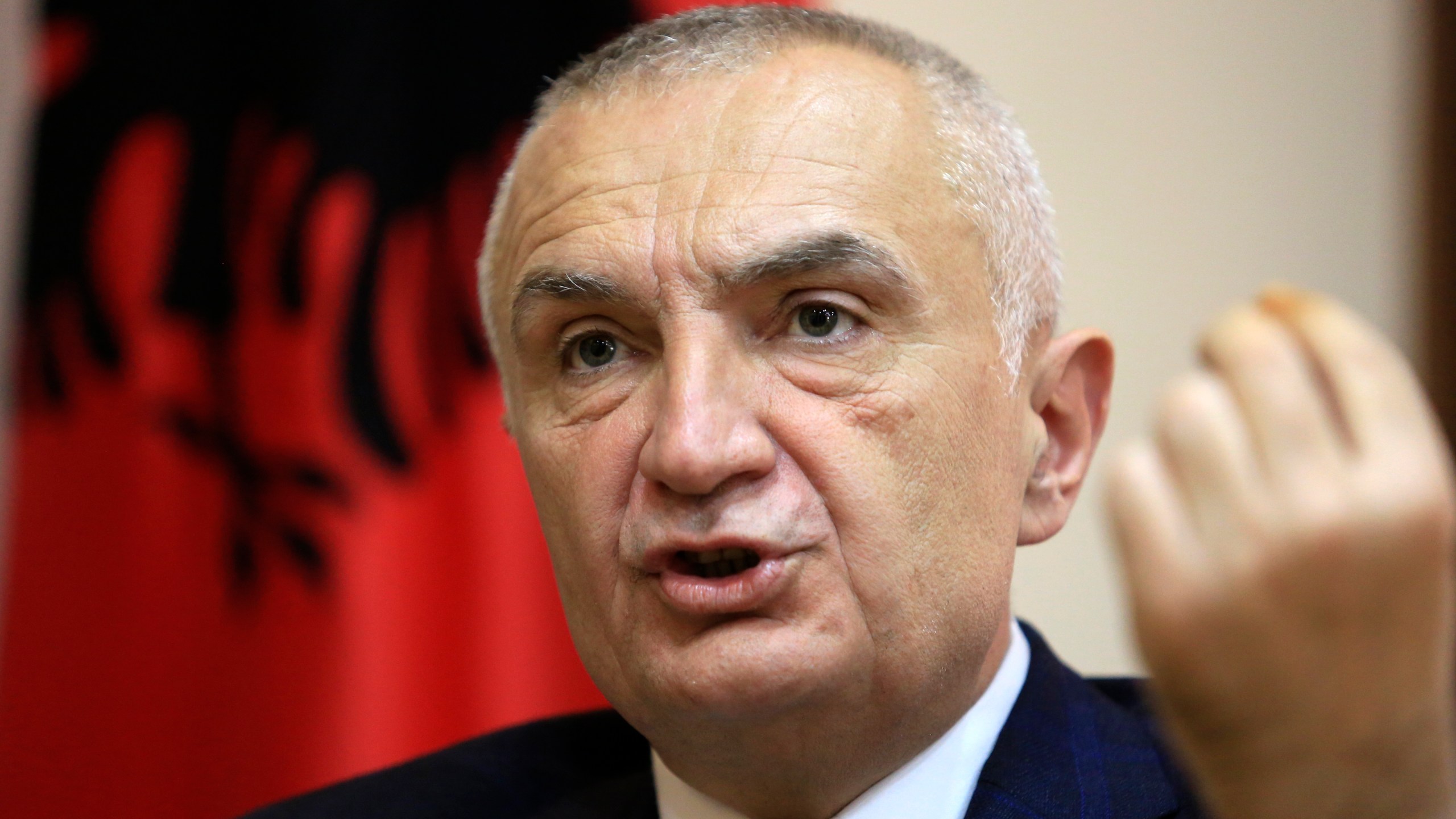 FILE - The then Albanian President Ilir Meta speaks during an interview with the Associated Press in Tirana, Albania, on April 21, 2021. (AP Photo/Hektor Pustina, File)