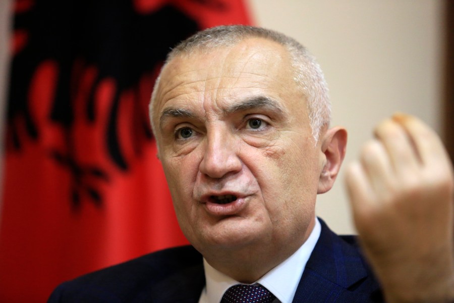 FILE - The then Albanian President Ilir Meta speaks during an interview with the Associated Press in Tirana, Albania, on April 21, 2021. (AP Photo/Hektor Pustina, File)