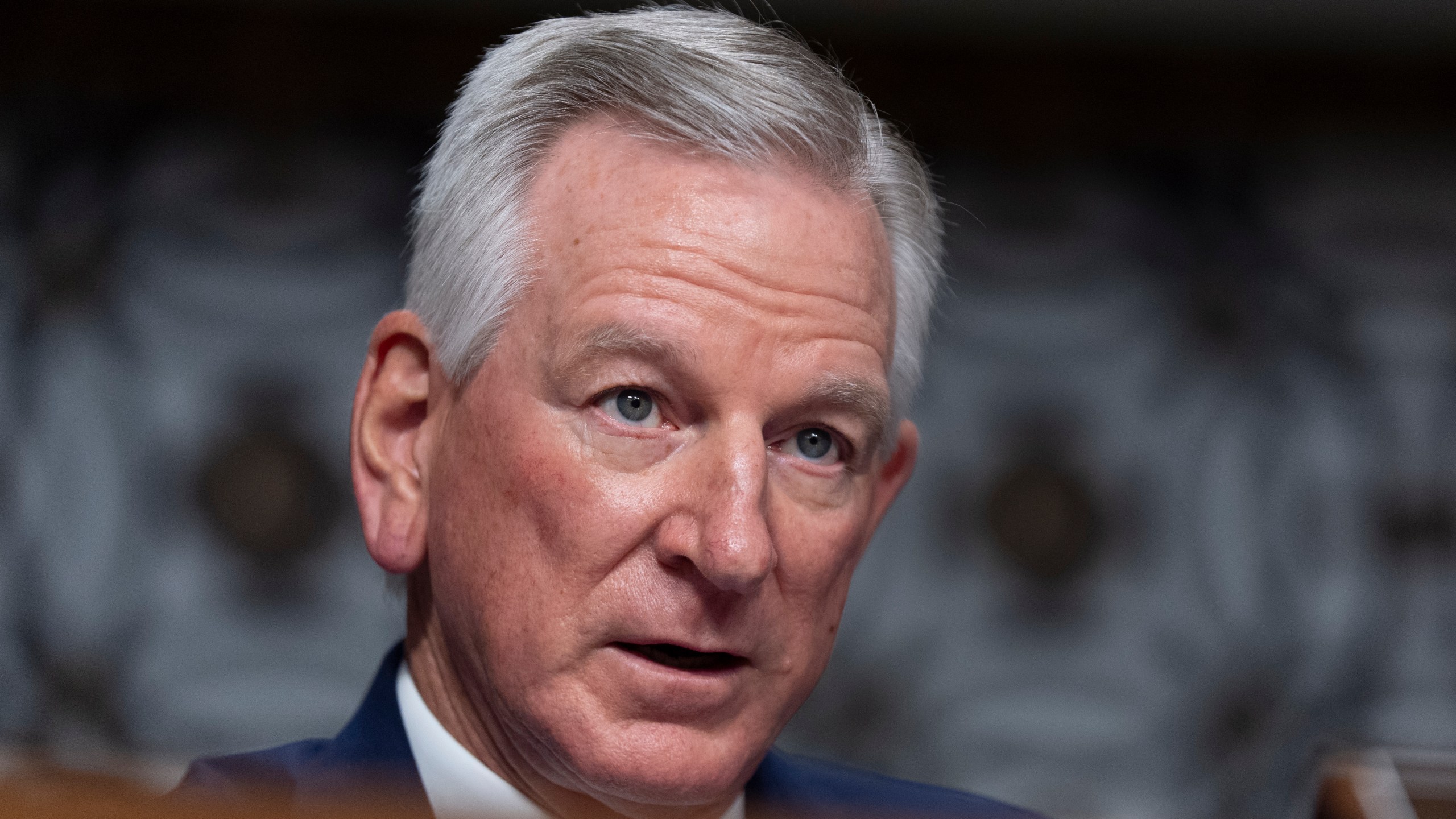 FILE - Senate Armed Services Committee member Sen. Tommy Tuberville, R-Ala., questions retired Air Force Lt. Gen. Dan "Razin" Caine during his confirmation hearing on his nomination to be promoted to general and chairman of the Joint Chiefs of Staff, April 1, 2025, in Washington. (AP Photo/Manuel Balce Ceneta, File)