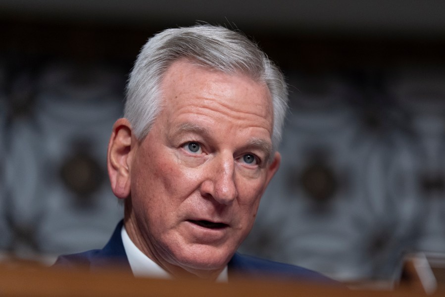 FILE - Senate Armed Services Committee member Sen. Tommy Tuberville, R-Ala., questions retired Air Force Lt. Gen. Dan "Razin" Caine during his confirmation hearing on his nomination to be promoted to general and chairman of the Joint Chiefs of Staff, April 1, 2025, in Washington. (AP Photo/Manuel Balce Ceneta, File)