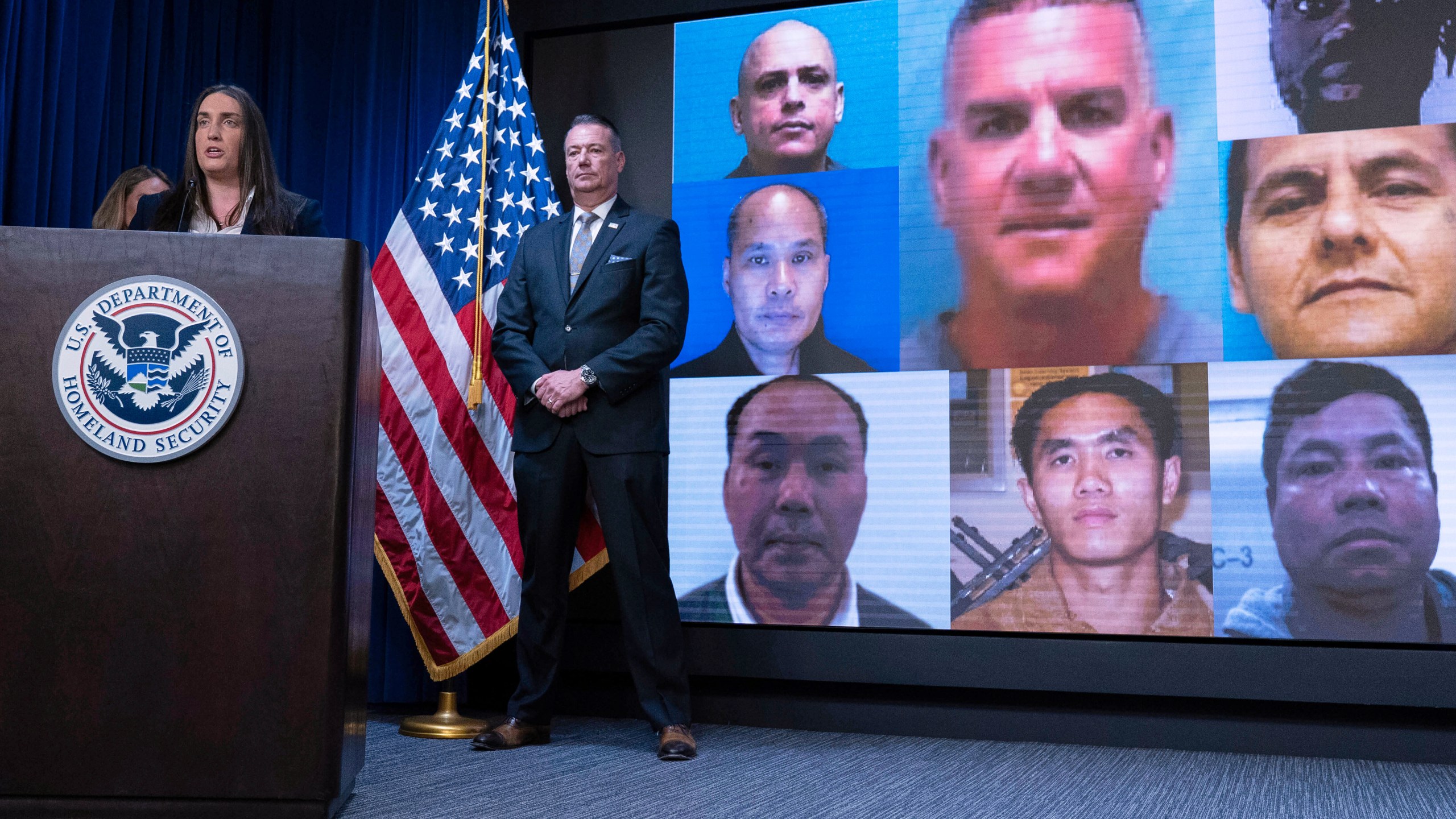 Deputy director of U.S. Immigration and Customs Enforcement Madison Sheahan, flanked by Acting director of U.S. Immigration and Customs Enforcement (ICE) Todd Lyons, speaks during a news conference at ICE Headquarters, in Washington, Wednesday, May 21, 2025. (AP Photo/Jose Luis Magana)