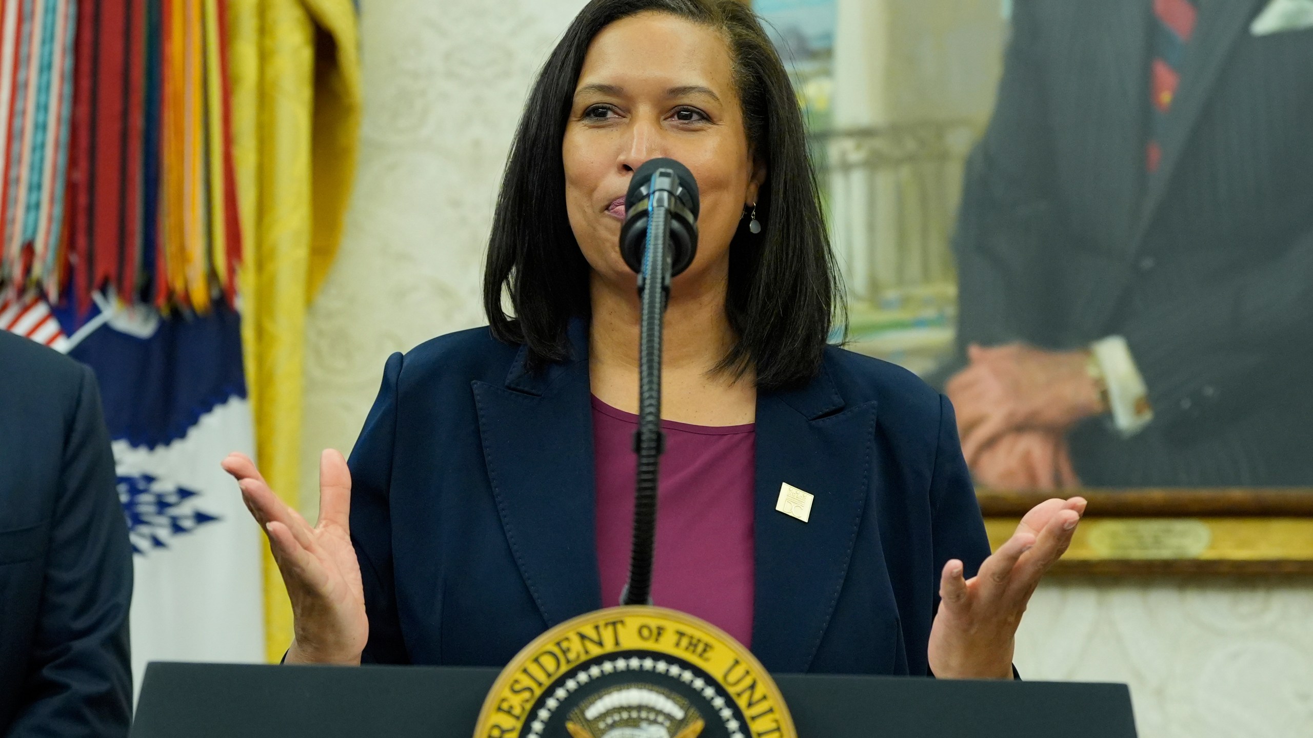 District of Columbia Mayor Muriel Bowser speaks during an event where President Donald Trump announces that the 2027 NFL Draft will be held on the National Mall, in the Oval Office of the White House, Monday, May 5, 2025, in Washington. (AP Photo/Alex Brandon)
