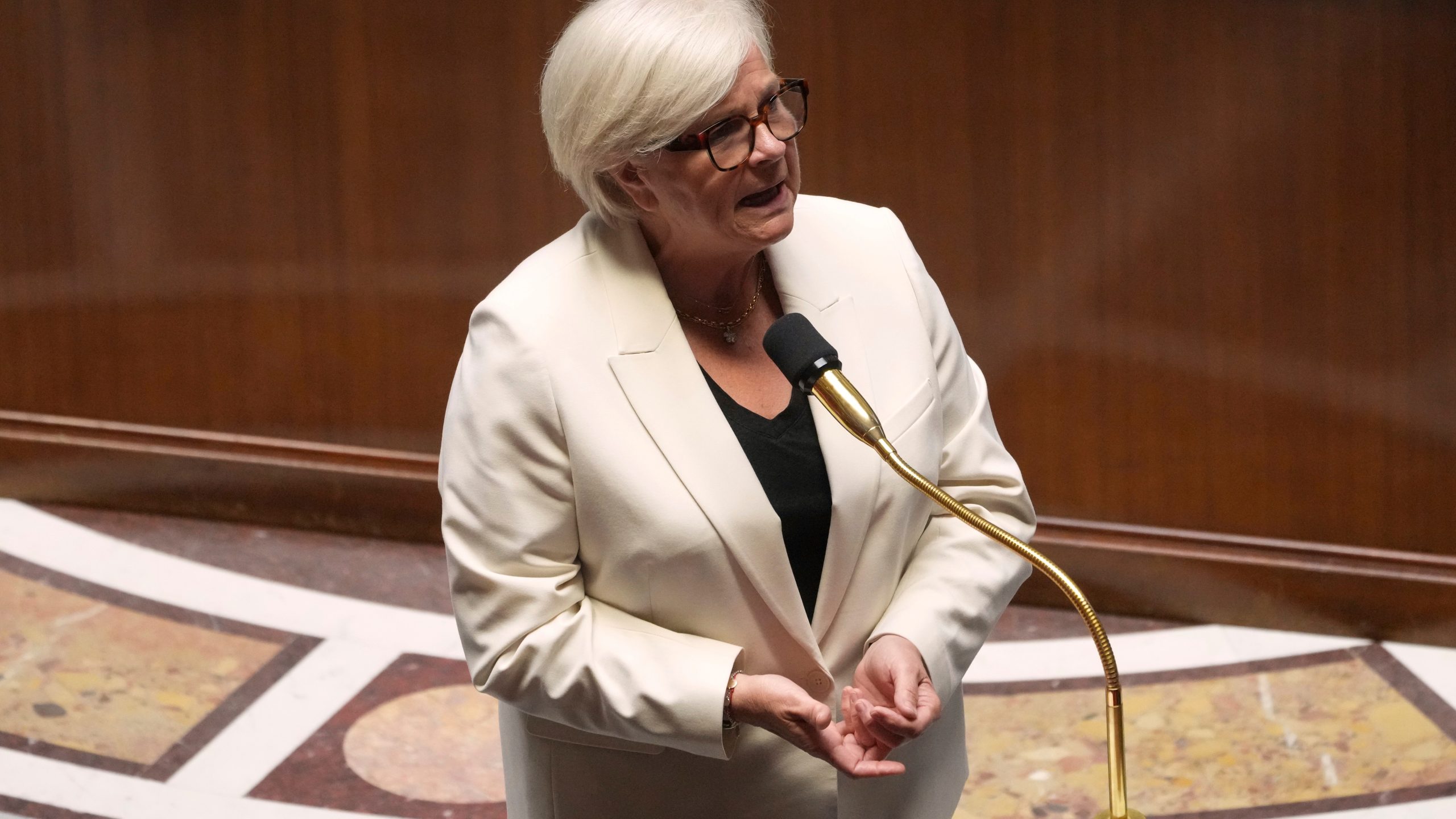 French Health Minister Catherine Vautrin speaks after France's lower house of parliament has adopted a bill to allow adults with incurable illness to take lethal medication, Tuesday, May 27, 2025 at the National Assembly in Paris. (AP Photo/Michel Euler)