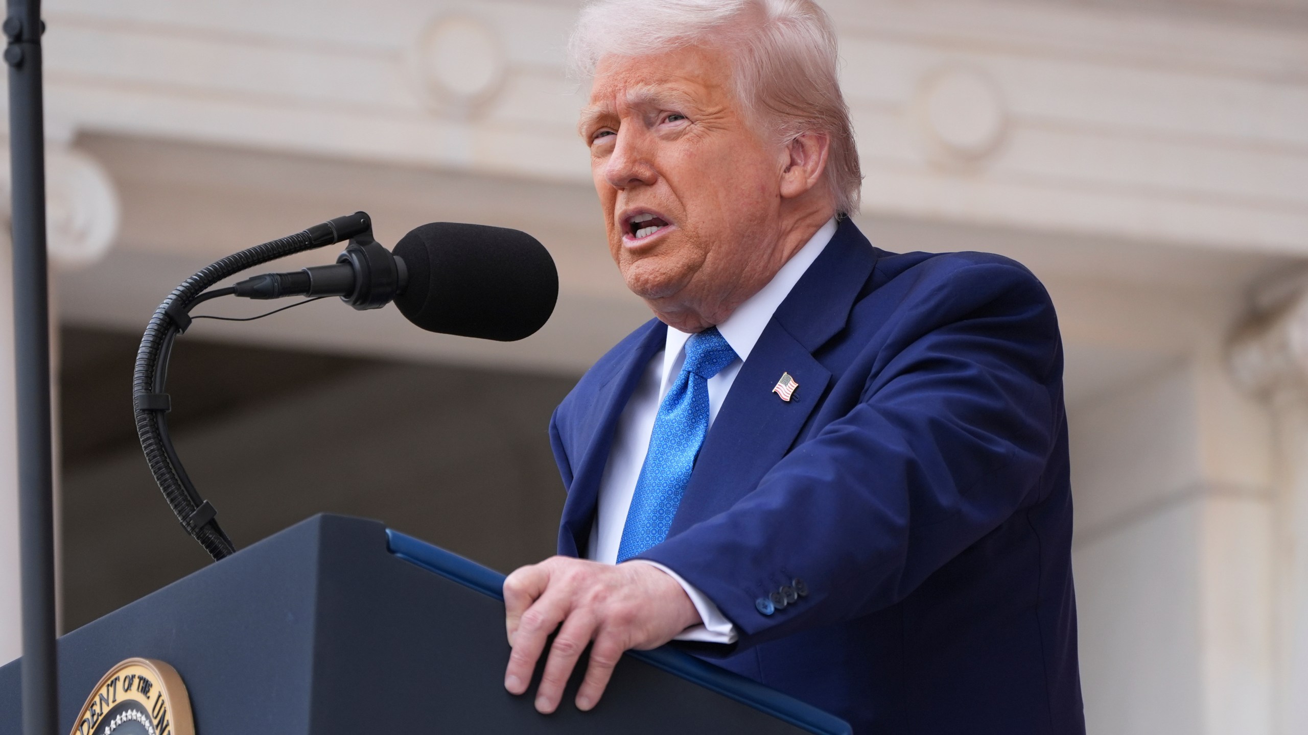 President Donald Trump speaks during the 157th National Memorial Day Observance at Arlington National Cemetery, Monday, May 26, 2025, in Arlington, Va. (AP Photo/Jacquelyn Martin)