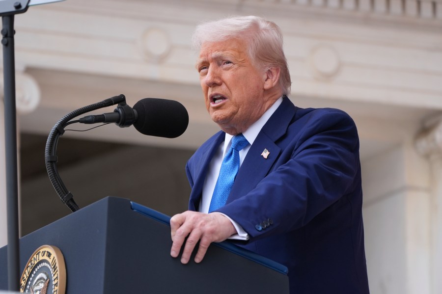 President Donald Trump speaks during the 157th National Memorial Day Observance at Arlington National Cemetery, Monday, May 26, 2025, in Arlington, Va. (AP Photo/Jacquelyn Martin)