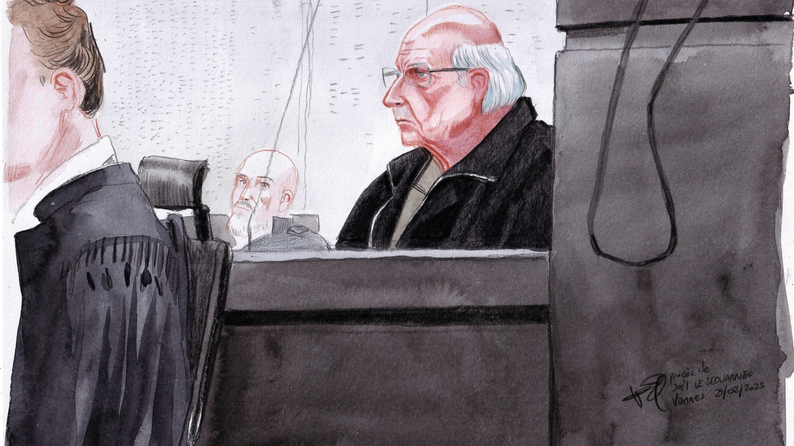 FILE - This courtroom sketch by Valentin Pasquier shows Joel Le Scouarnec, now 74, sitting in courtroom and accused of raping or abusing 299 people, mostly child patients, at the Vannes courthouse, western France, on the opening day of his trial, Monday, Feb. 24, 2025. (Valentin Pasquier via AP, File)