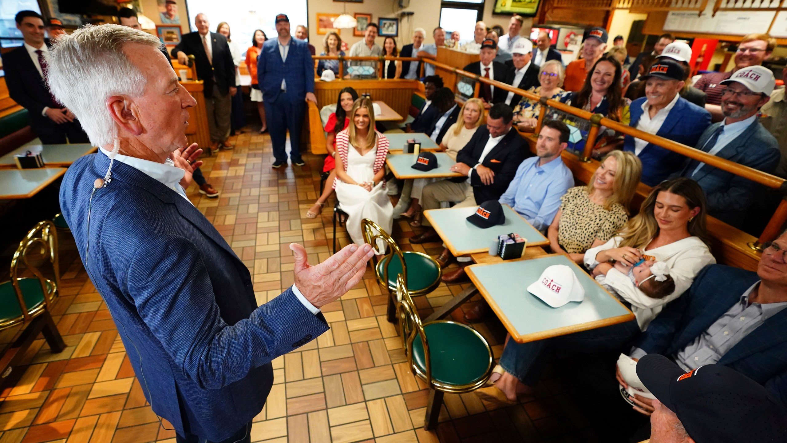 U.S. Sen. Tommy Tuberville, R-Ala., speaks to supporters about plans to run for the governor of Alabama in 2026, Tuesday May 27, 2025 at Byron's Smokehouse in Auburn, Ala. (AP Photo/ John David Mercer)