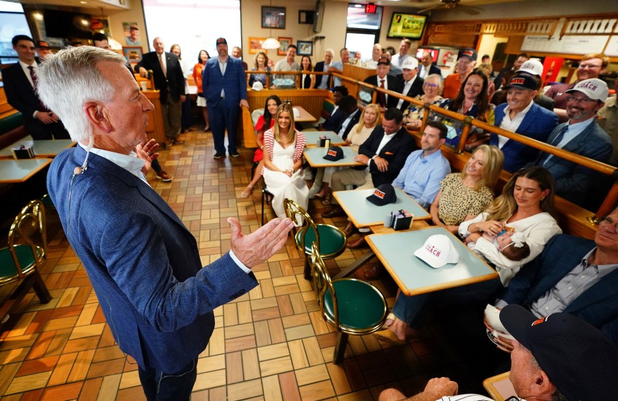 U.S. Sen. Tommy Tuberville, R-Ala., speaks to supporters about plans to run for the governor of Alabama in 2026, Tuesday May 27, 2025 at Byron's Smokehouse in Auburn, Ala. (AP Photo/ John David Mercer)