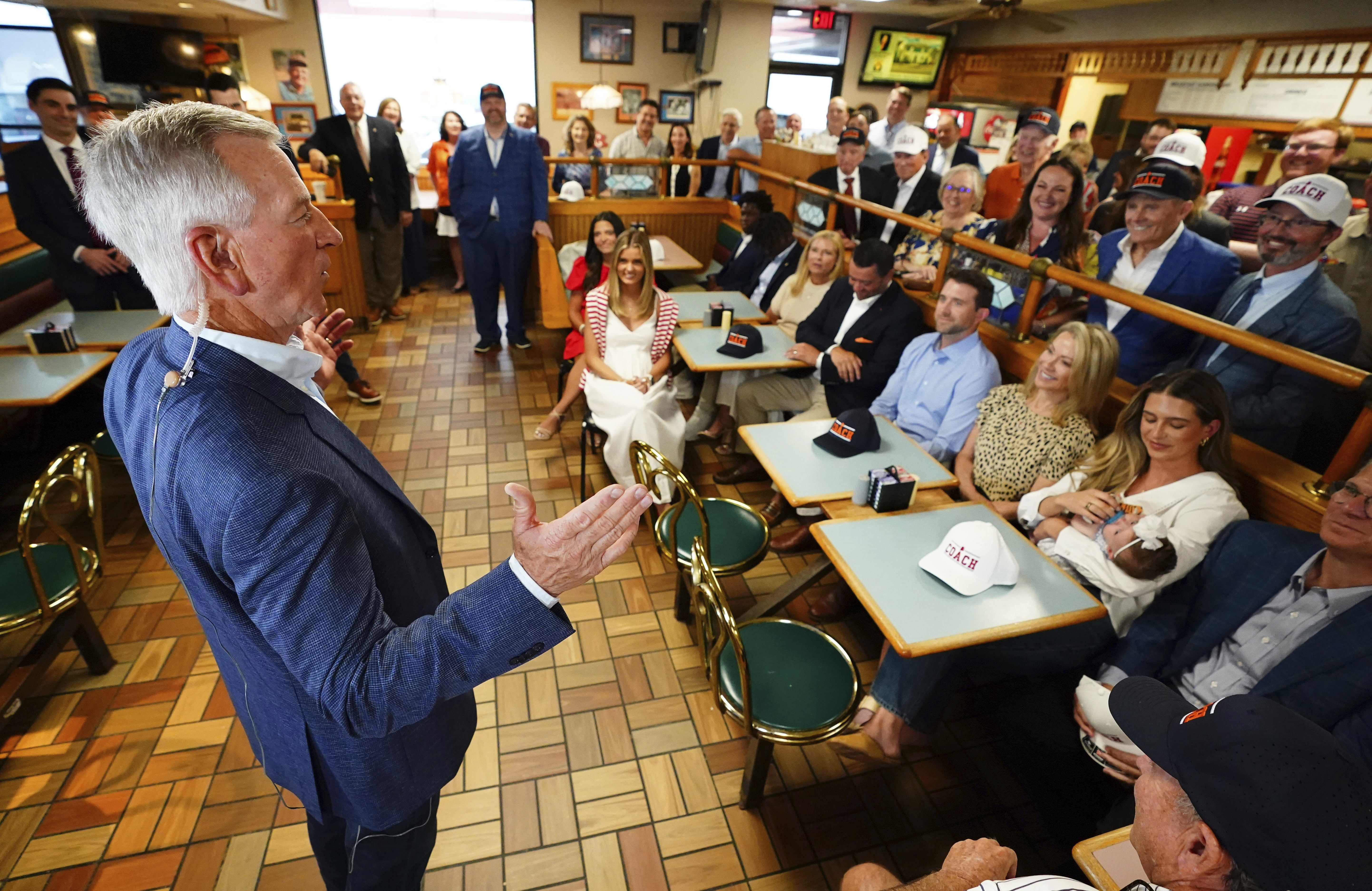 U.S. Sen. Tommy Tuberville, R-Ala., speaks to supporters about plans to run for the governor of Alabama in 2026, Tuesday May 27, 2025 at Byron's Smokehouse in Auburn, Ala. (AP Photo/ John David Mercer)