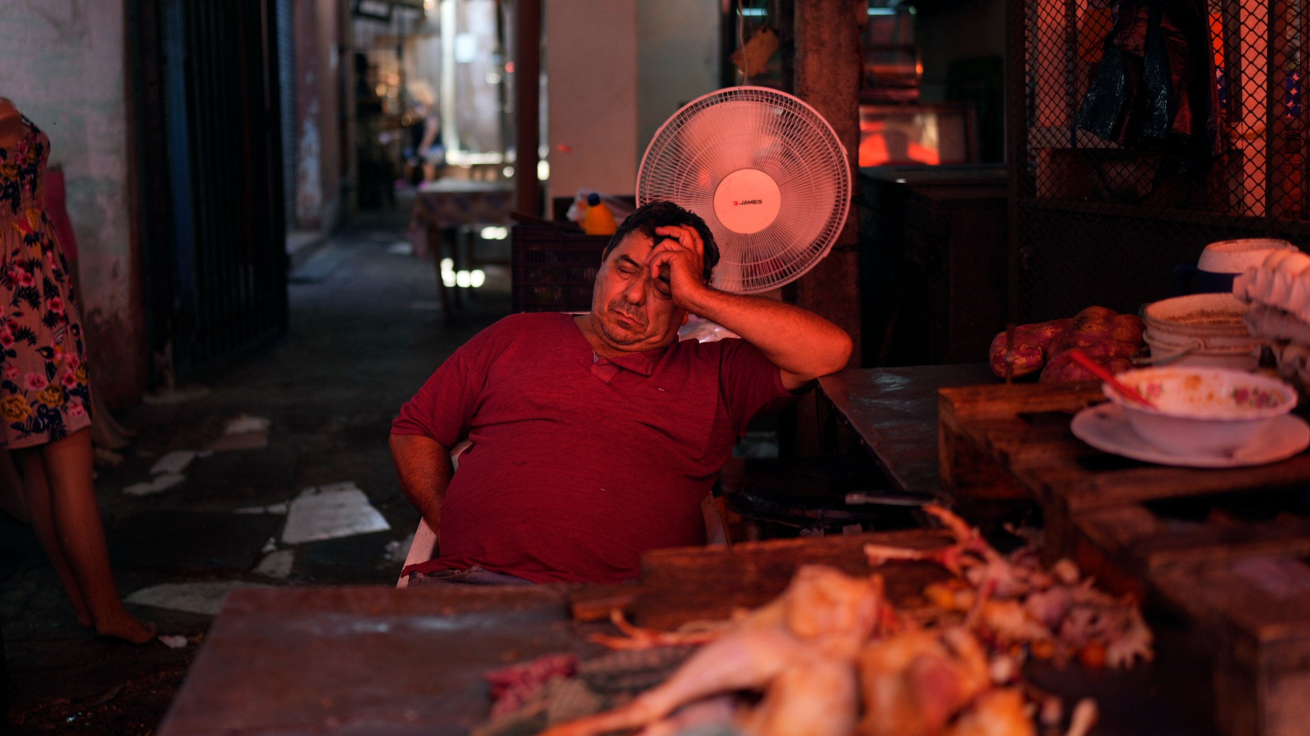 FILE - A vendor sleeps near a fan on a hot afternoon at his shop at Market 4 in Asuncion, Paraguay, Jan. 17, 2025. (AP Photo/Jorge Saenz, File)