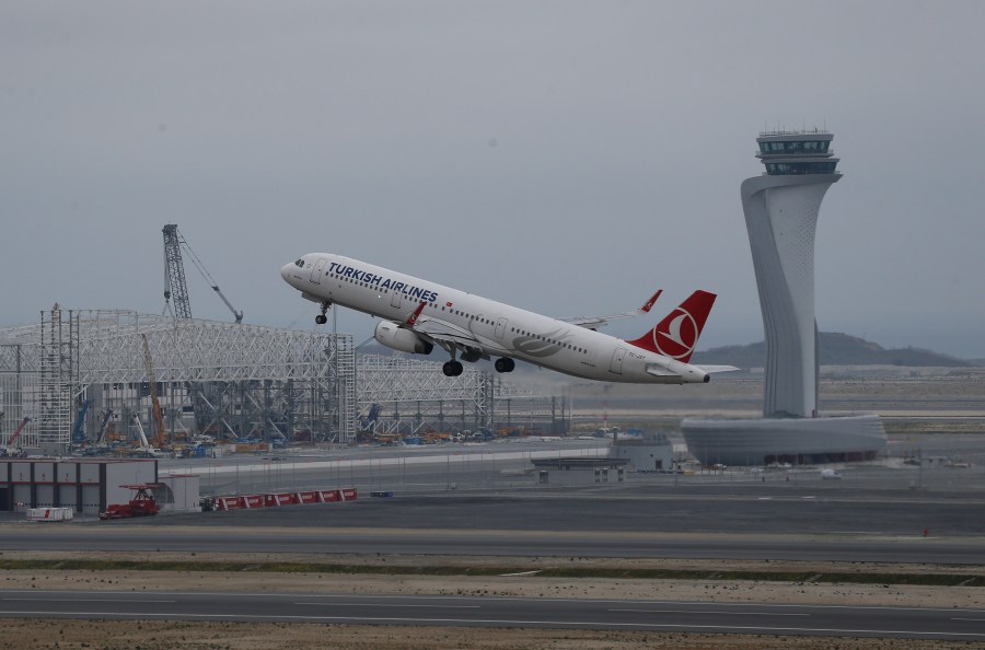 FILE - A Turkish Airlines plane takes off from Istanbul Airport near the Black Sea shores, in Istanbul, on April 6, 2019. (AP Photo/Lefteris Pitarakis)
