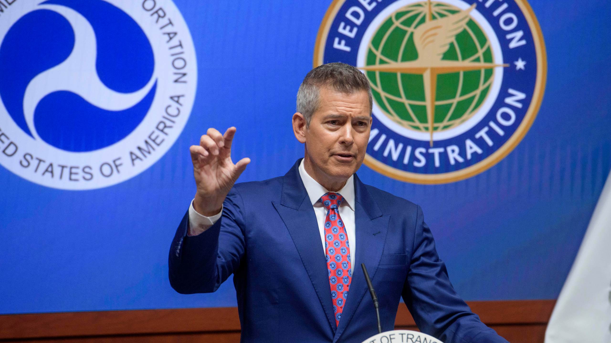 Secretary of Transportation Sean Duffy speaks during a news conference to provide a status update on Newark Liberty International Airport at the Department of Transportation in Washington, Wednesday, May 28, 2025. (AP Photo/Rod Lamkey, Jr.)