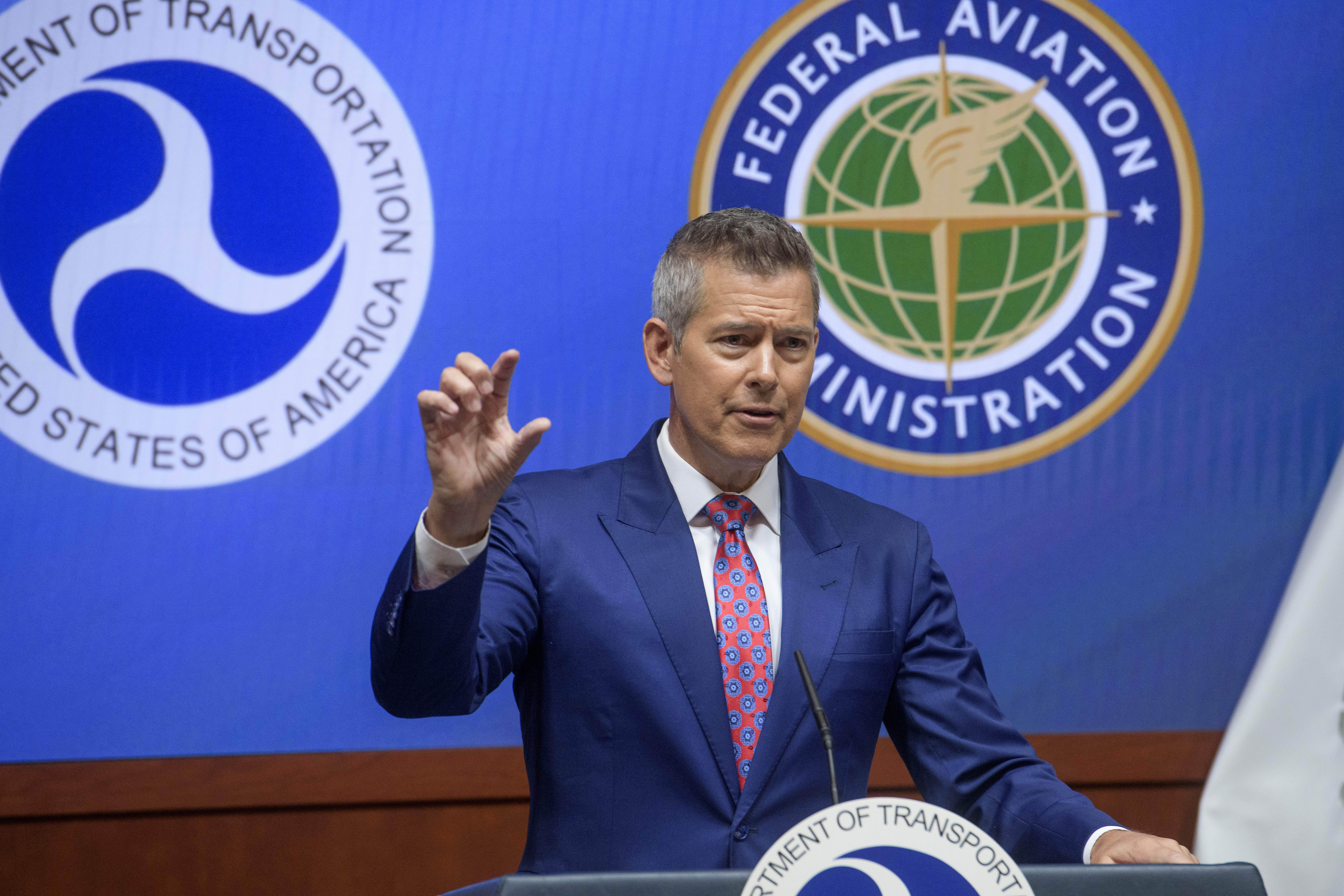 Secretary of Transportation Sean Duffy speaks during a news conference to provide a status update on Newark Liberty International Airport at the Department of Transportation in Washington, Wednesday, May 28, 2025. (AP Photo/Rod Lamkey, Jr.)