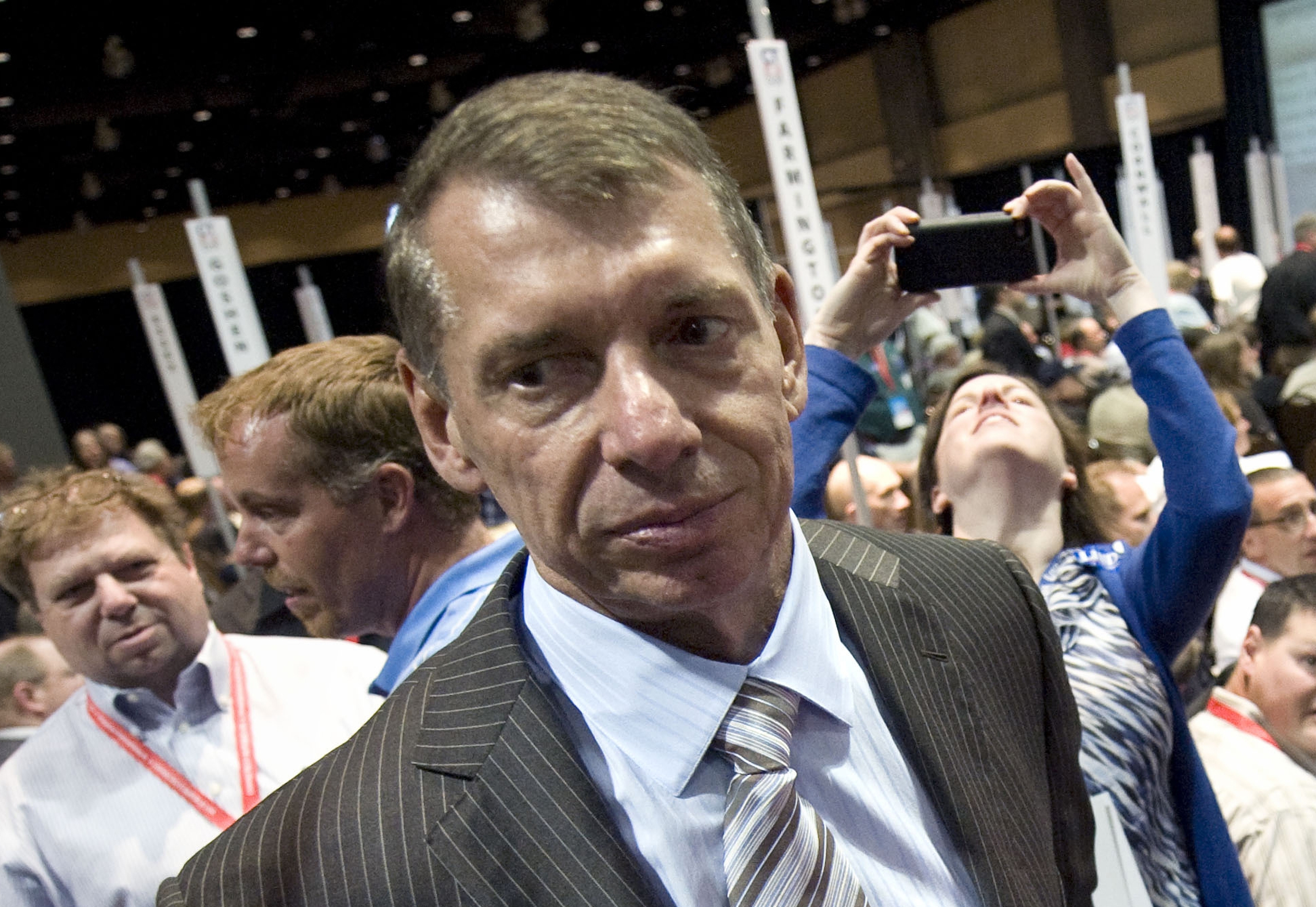 FILE - Vince McMahon stands at Republican state convention in Hartford, Conn., May 18, 2012. (AP Photo/Jessica Hill, File)