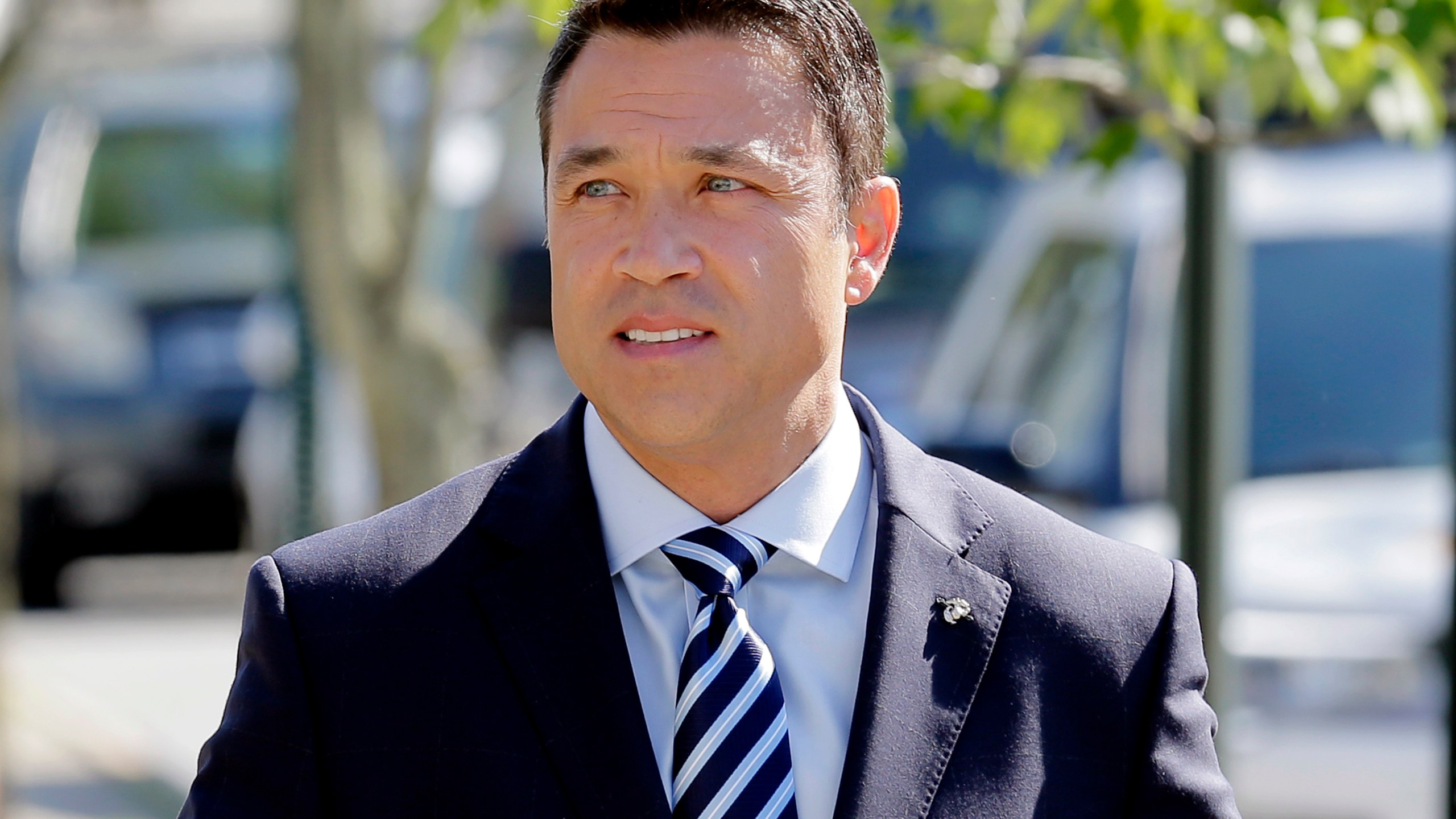 FILE — Former Rep. Michael Grimm arrives to his polling site in the Staten Island borough of New York, June 26, 2018. (AP Photo/Seth Wenig, File)