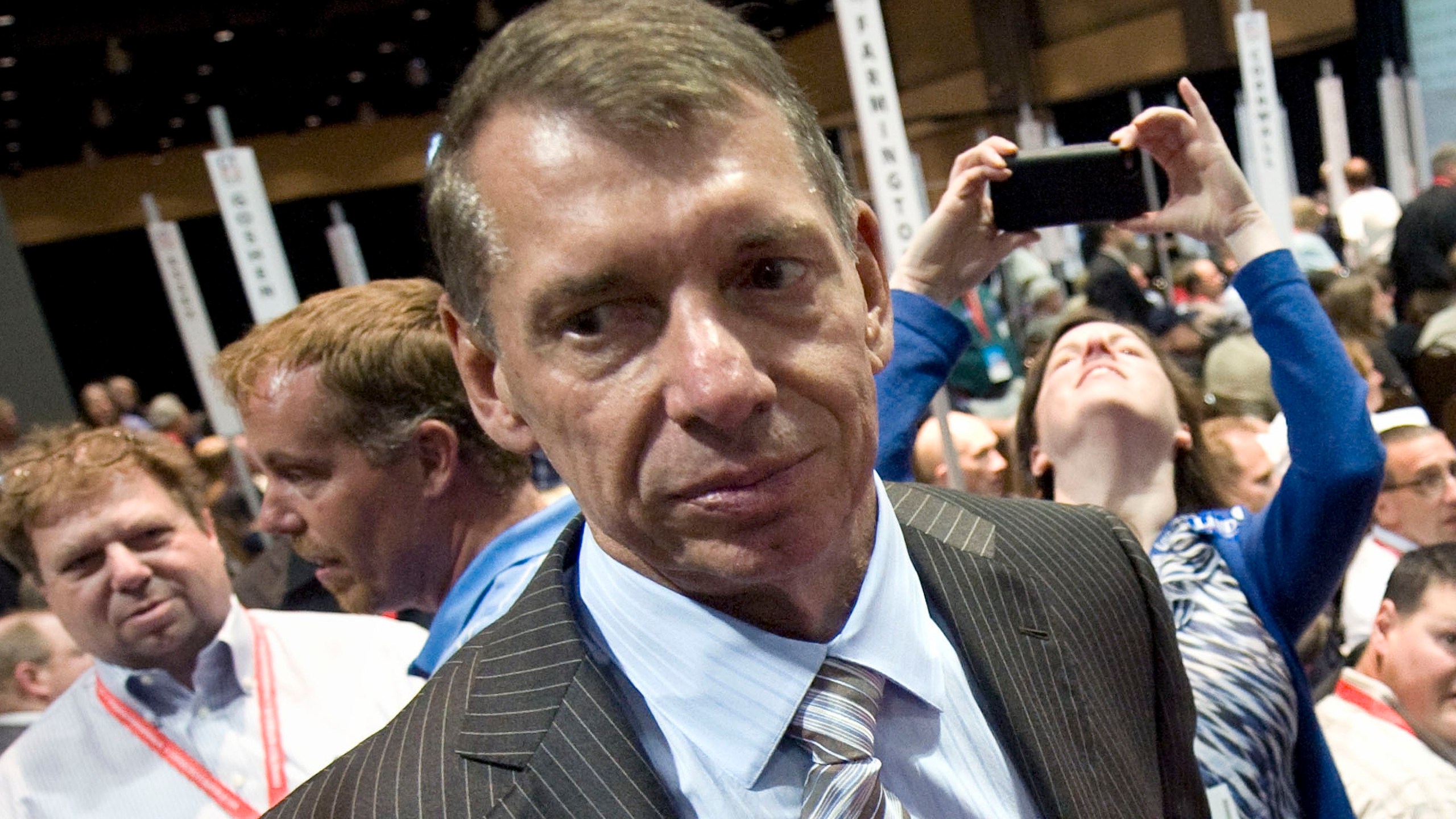 FILE - Vince McMahon stands at Republican state convention in Hartford, Conn., May 18, 2012. (AP Photo/Jessica Hill, File)