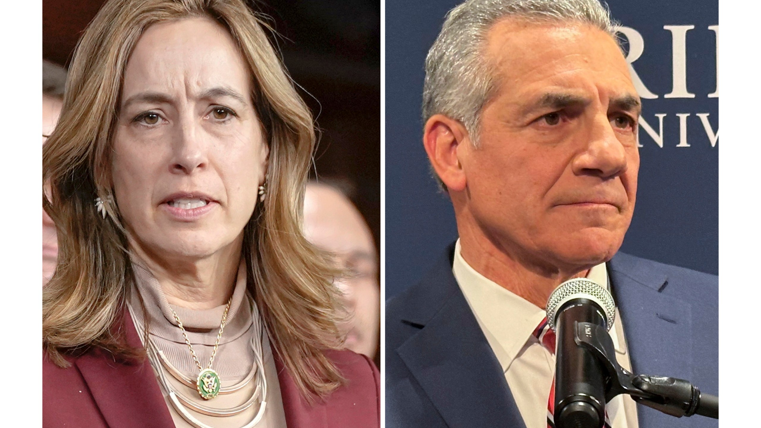 FILE - In this photo combo Rep. Mikie Sherrill, D-N.J., left, speaking during a news conference, Feb. 13, 2024, in Washington and former Assemblyman Jack Ciattarelli speaking, Feb. 4, 2025, at Rider University in Lawrenceville, N.J. (AP Photo/Mariam Zuhaib, Mike Catalini, file)